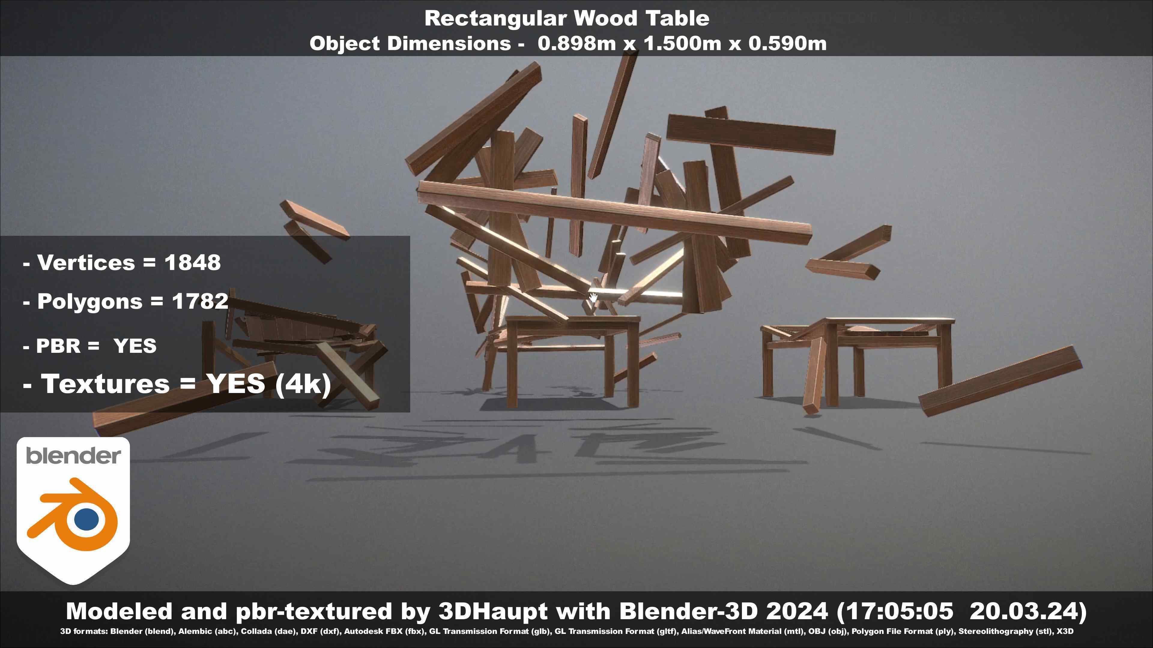 Rectangular Wood Table with Destruction Animations Low-poly 3D model_69