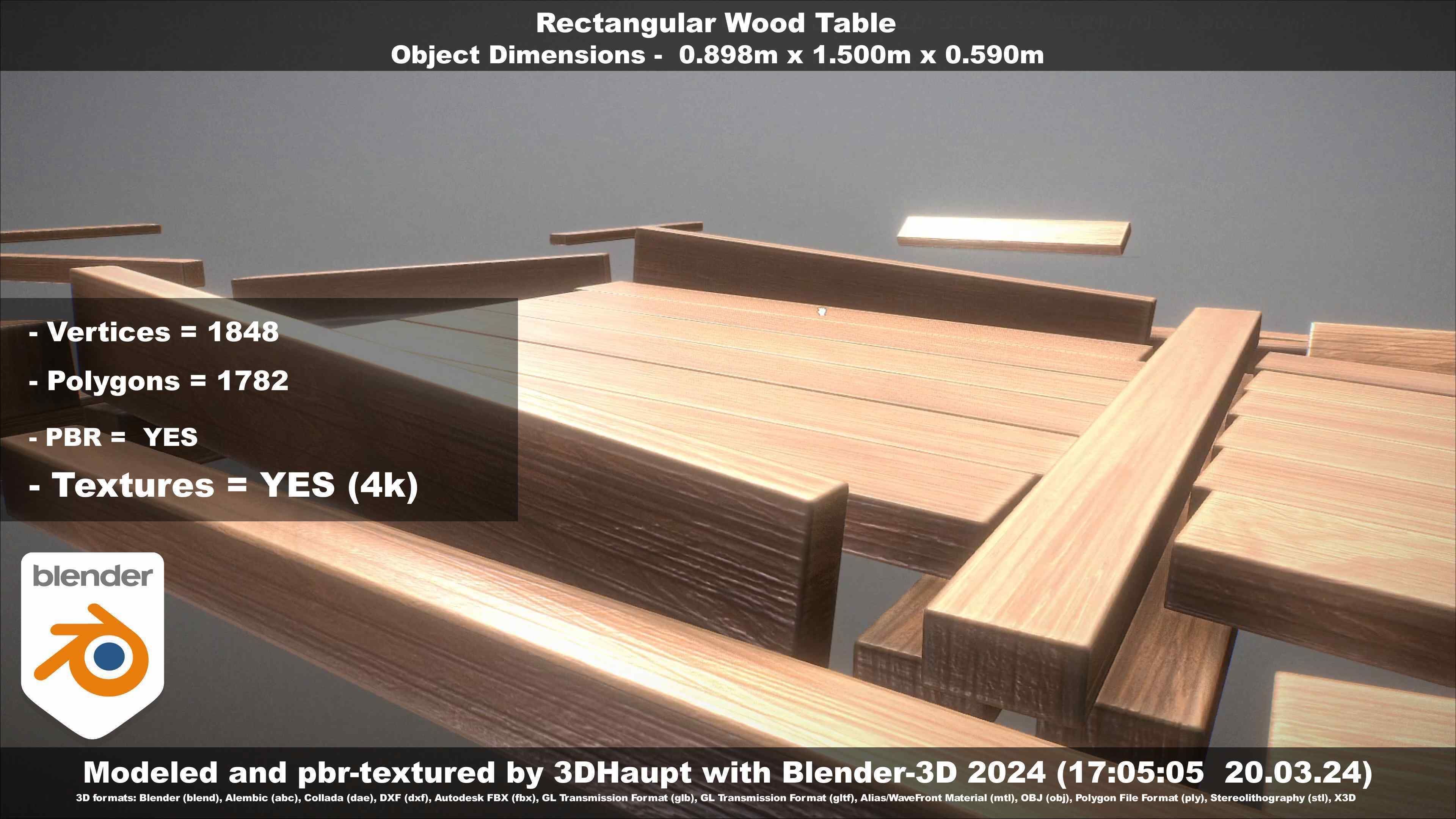 Rectangular Wood Table with Destruction Animations Low-poly 3D model_112