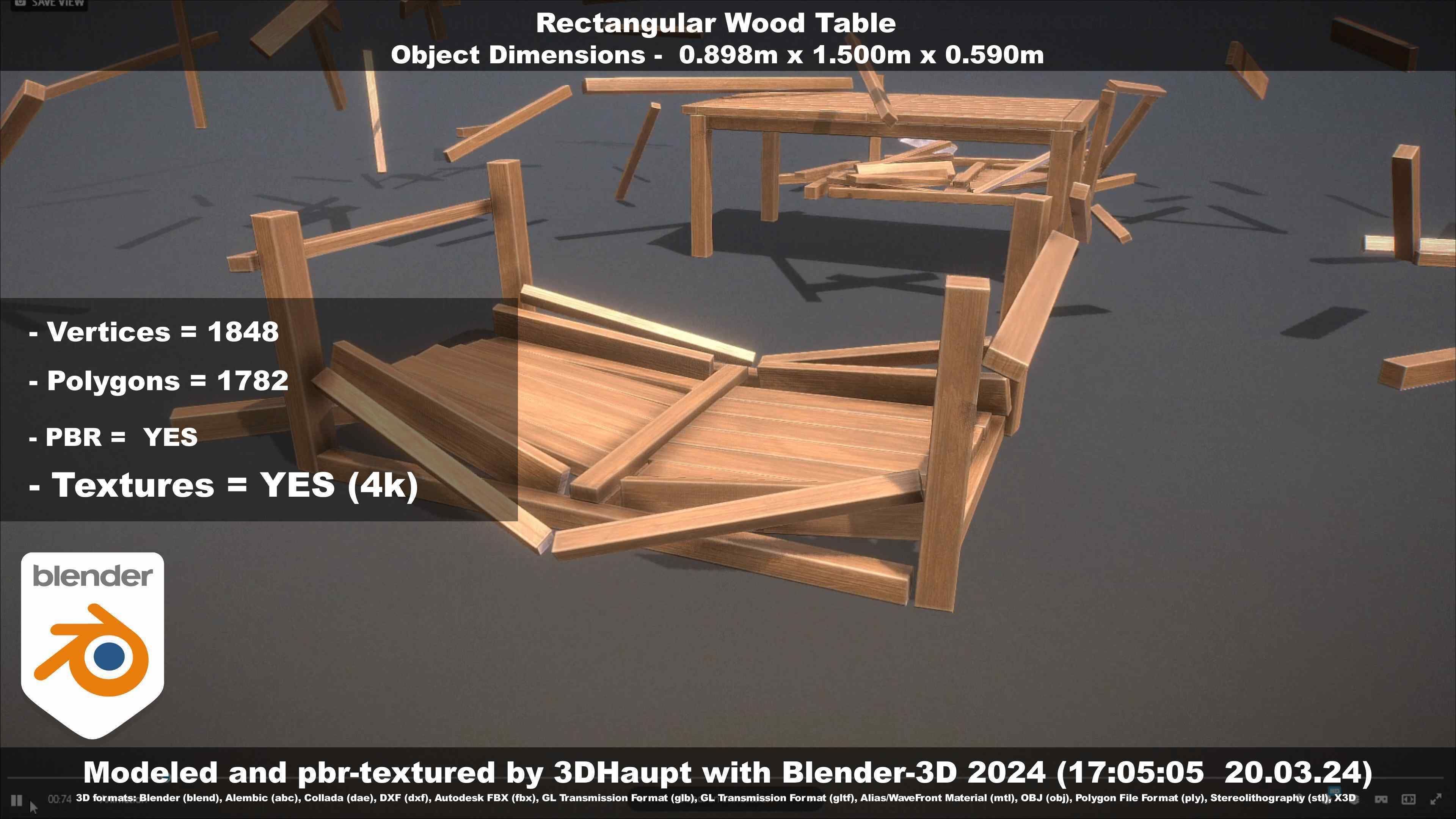 Rectangular Wood Table with Destruction Animations Low-poly 3D model_53
