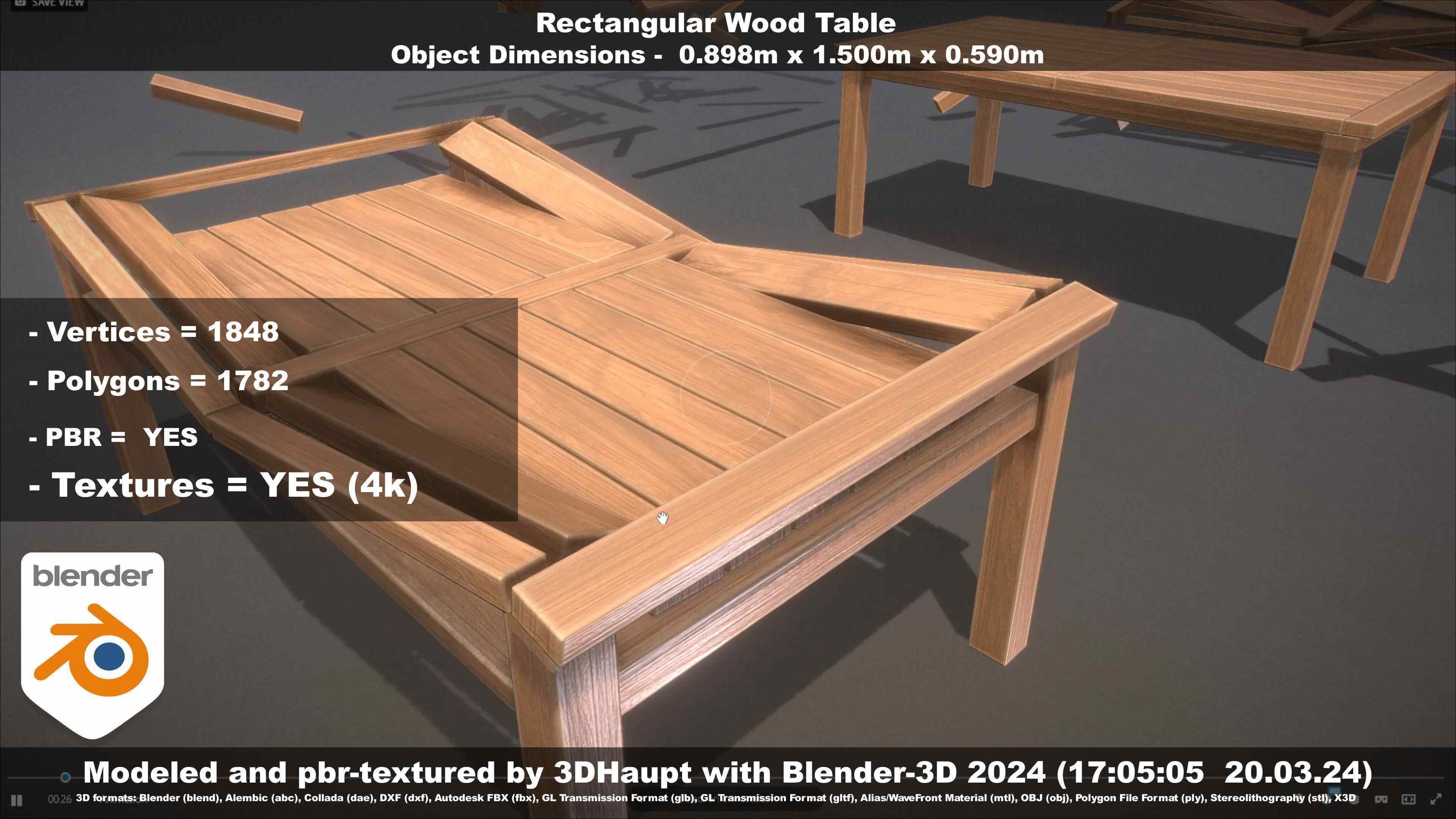 Rectangular Wood Table with Destruction Animations Low-poly 3D model_51
