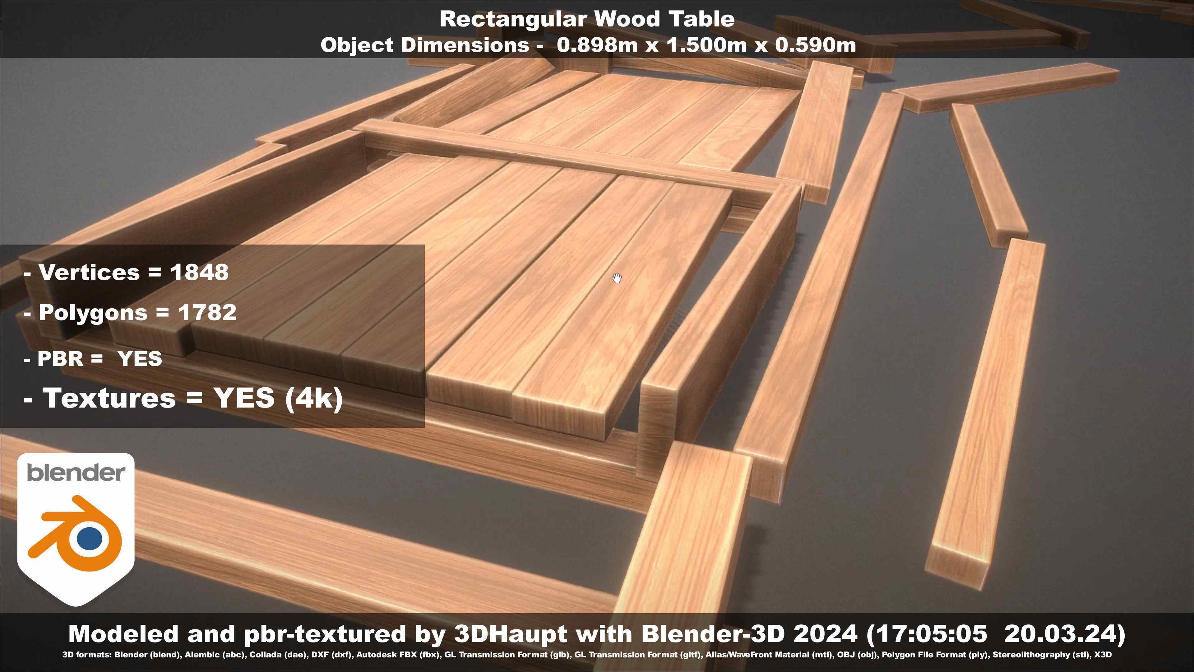 Rectangular Wood Table with Destruction Animations Low-poly 3D model_59