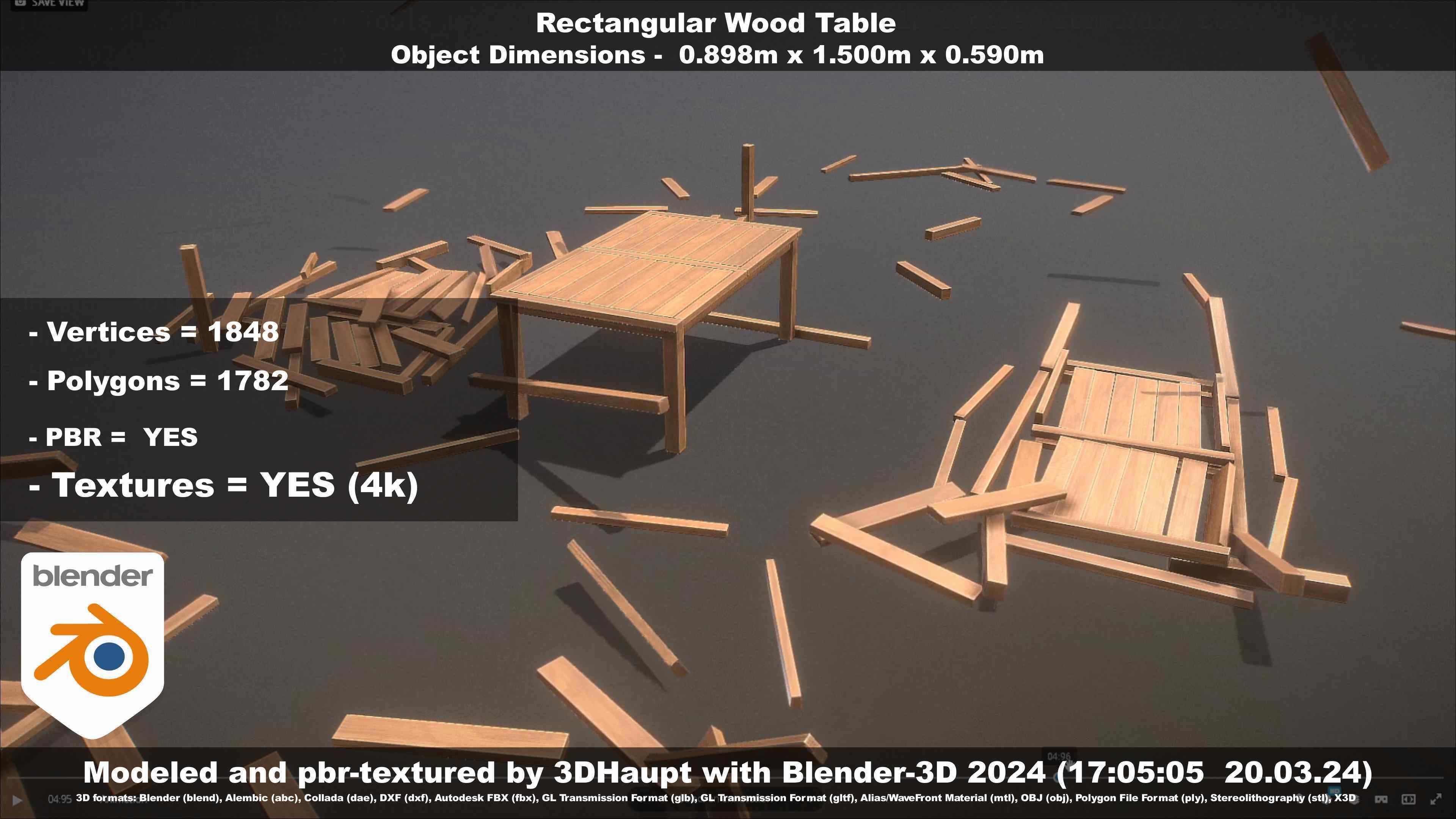 Rectangular Wood Table with Destruction Animations Low-poly 3D model_49