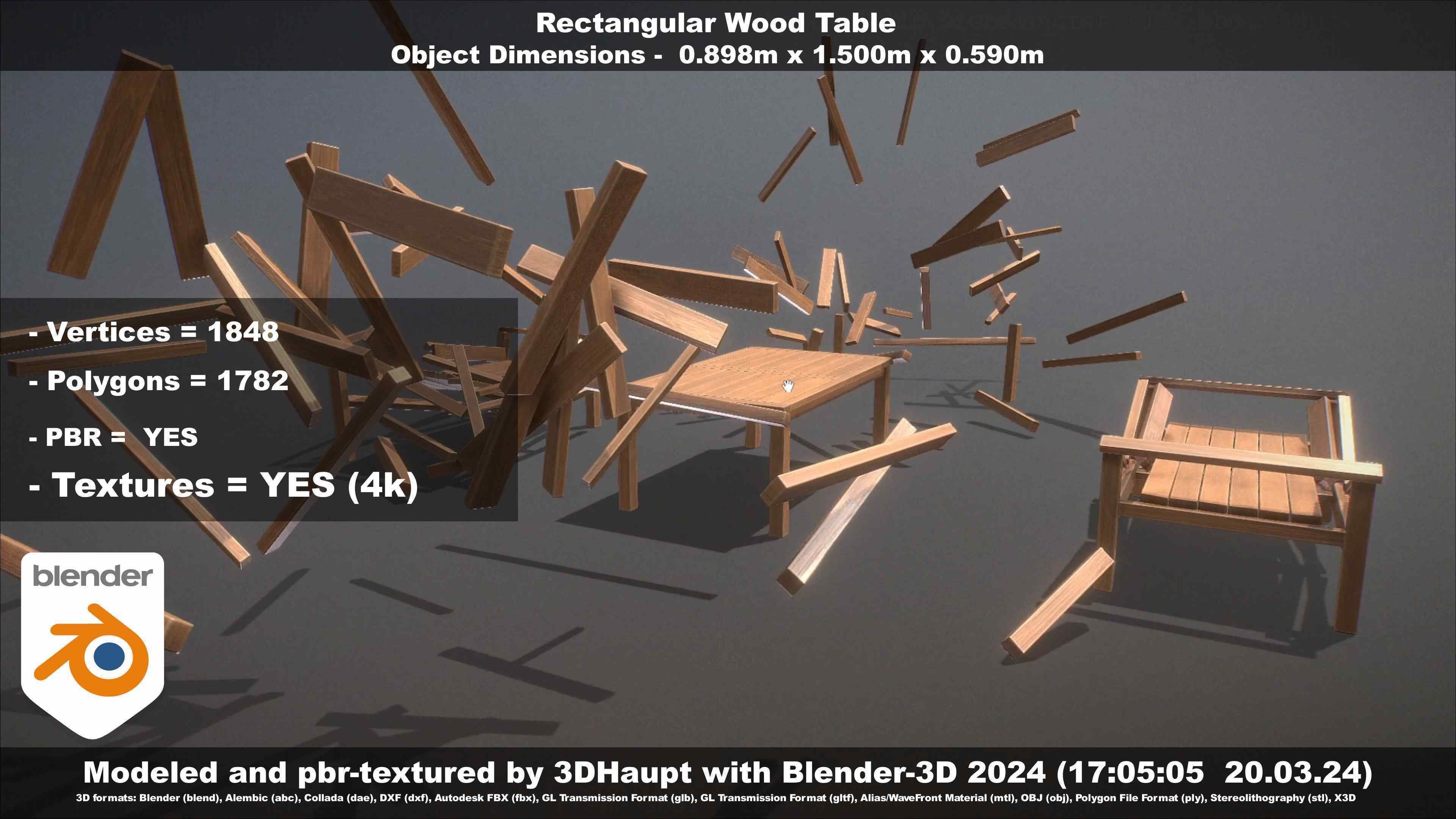 Rectangular Wood Table with Destruction Animations Low-poly 3D model_46