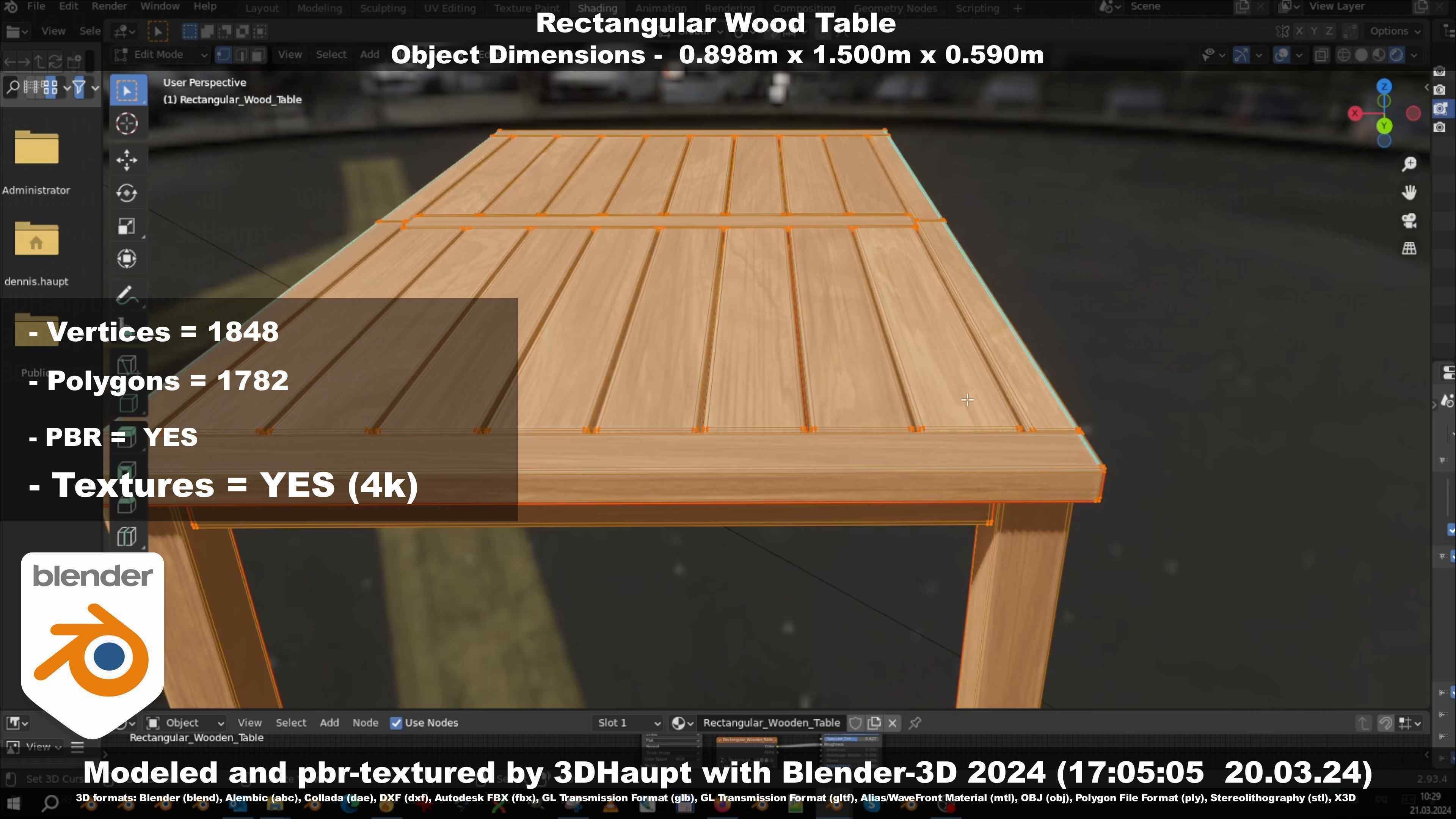Rectangular Wood Table with Destruction Animations Low-poly 3D model_139