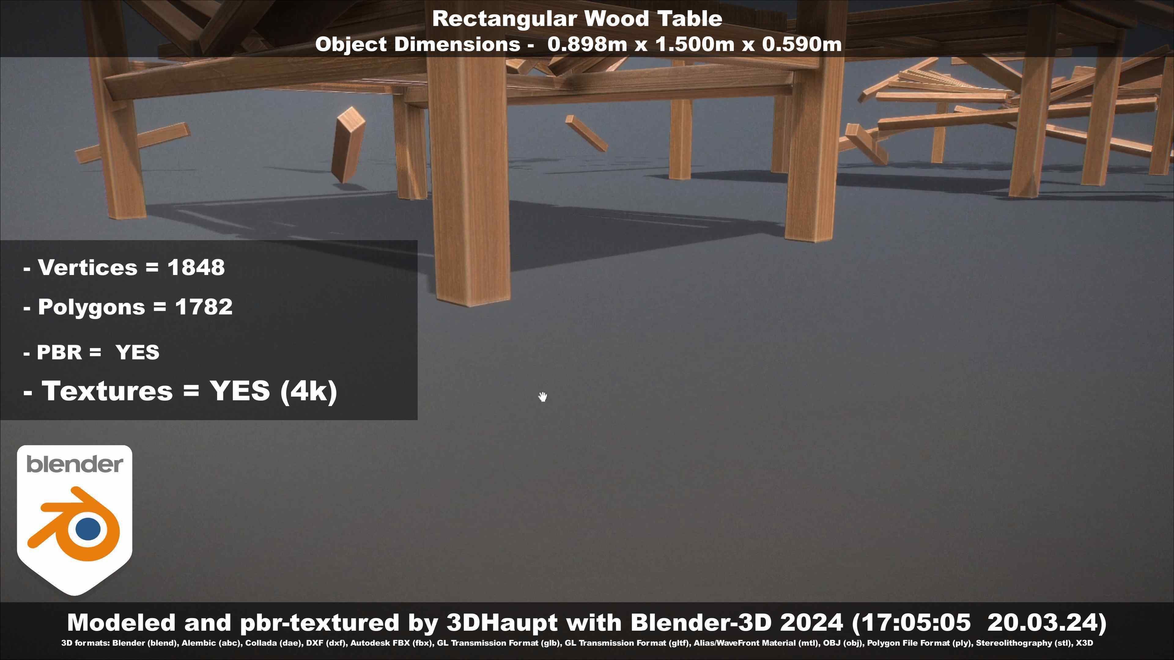 Rectangular Wood Table with Destruction Animations Low-poly 3D model_73