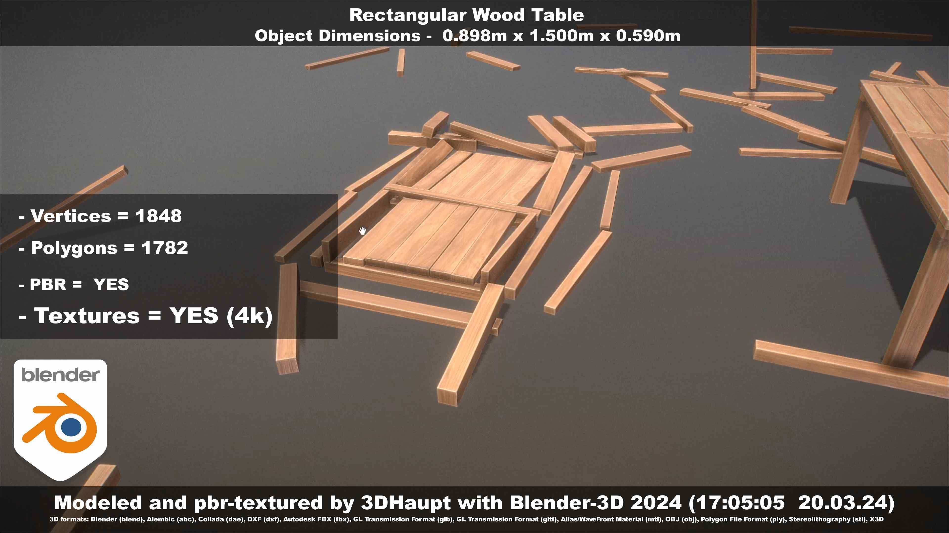 Rectangular Wood Table with Destruction Animations Low-poly 3D model_138