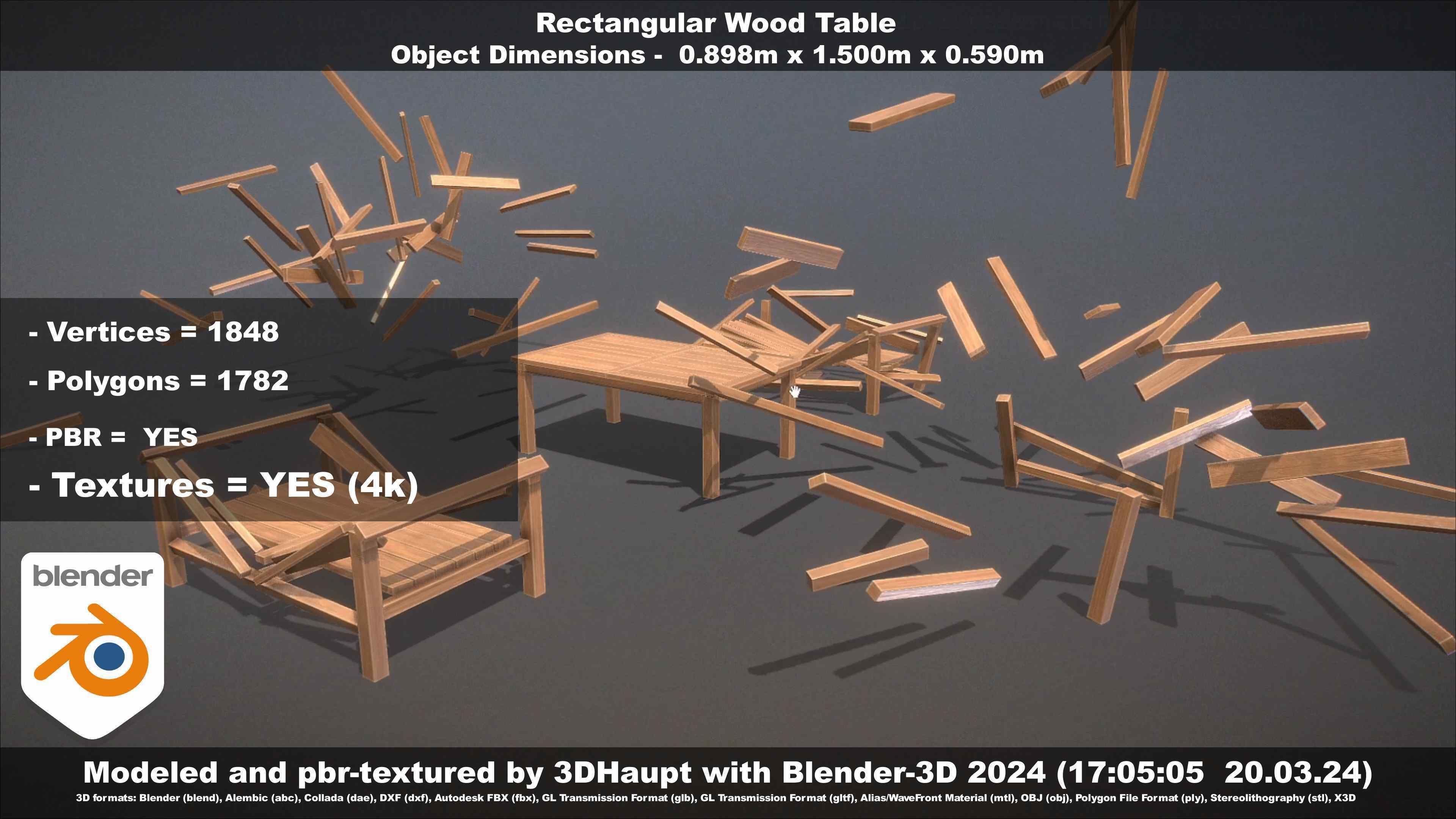Rectangular Wood Table with Destruction Animations Low-poly 3D model_108