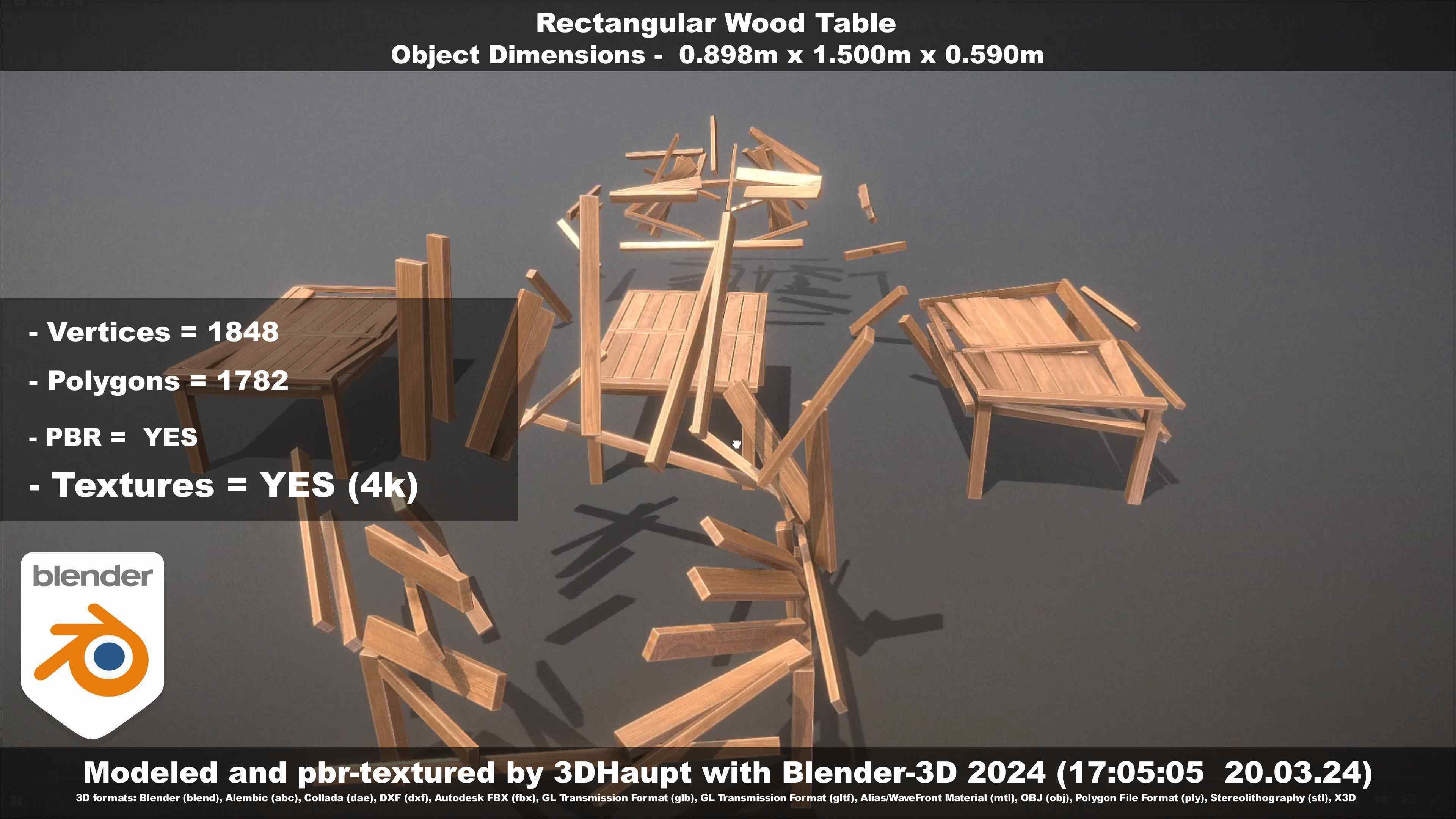 Rectangular Wood Table with Destruction Animations Low-poly 3D model_24