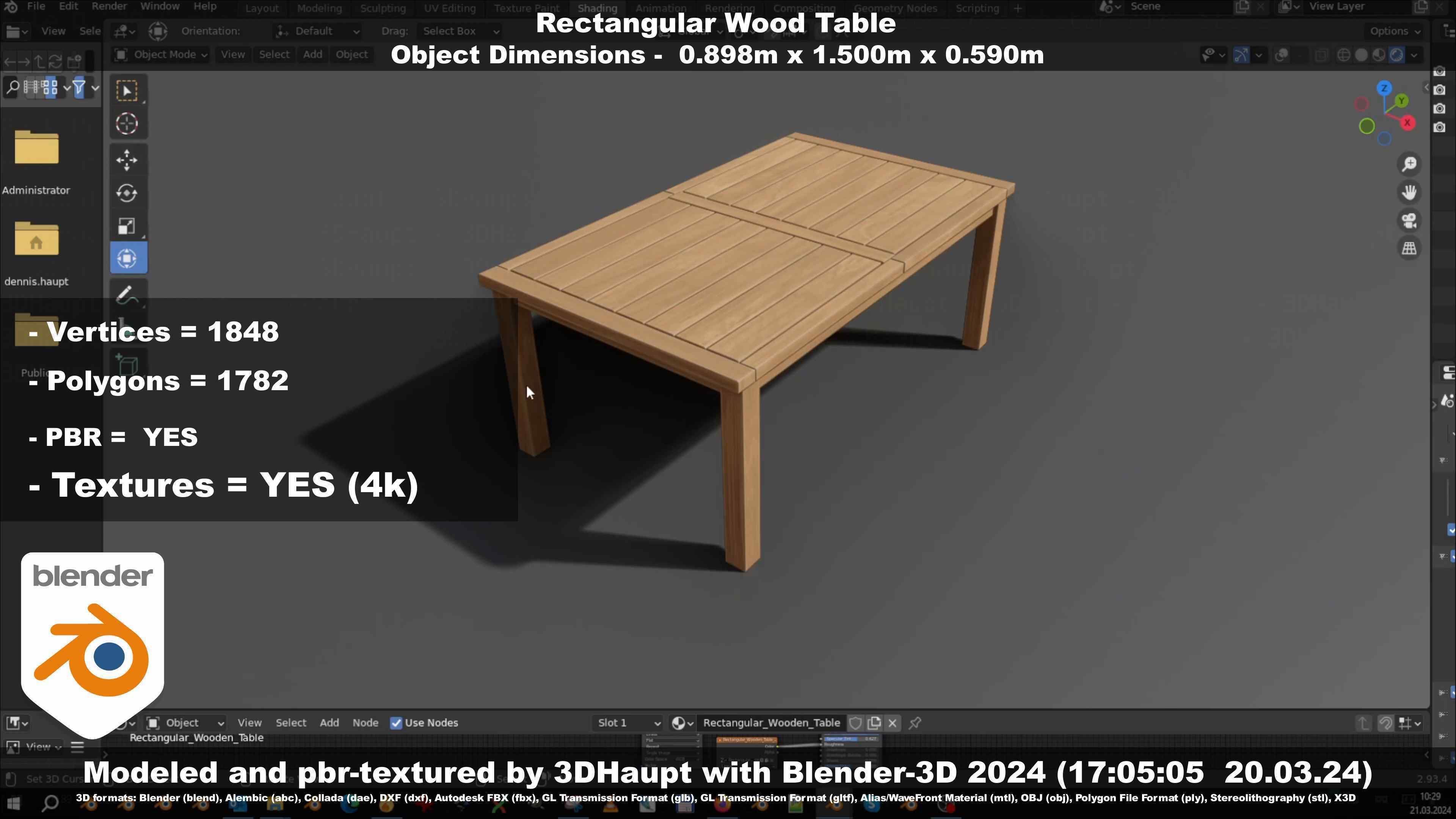 Rectangular Wood Table with Destruction Animations Low-poly 3D model_133