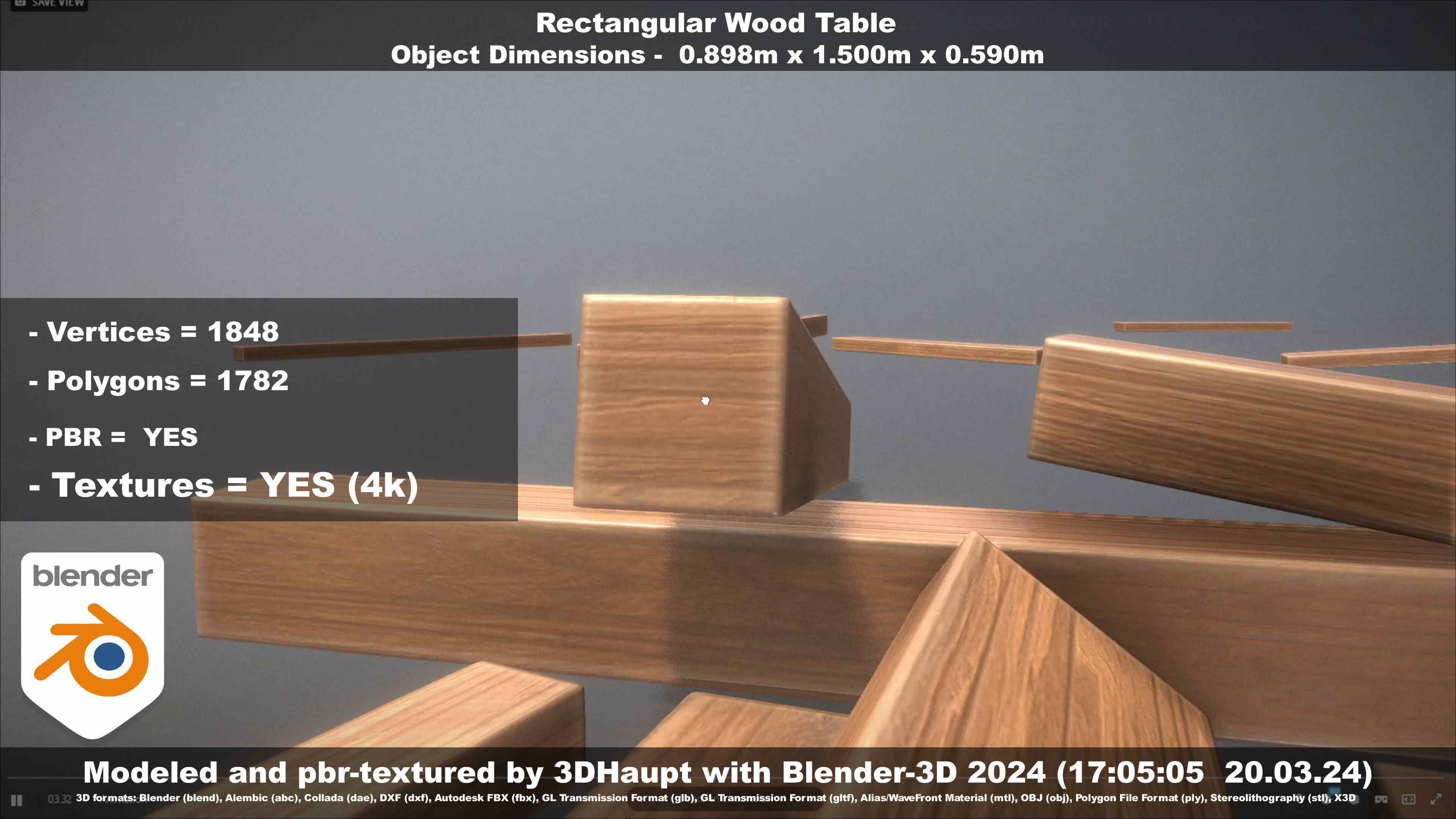 Rectangular Wood Table with Destruction Animations Low-poly 3D model_98