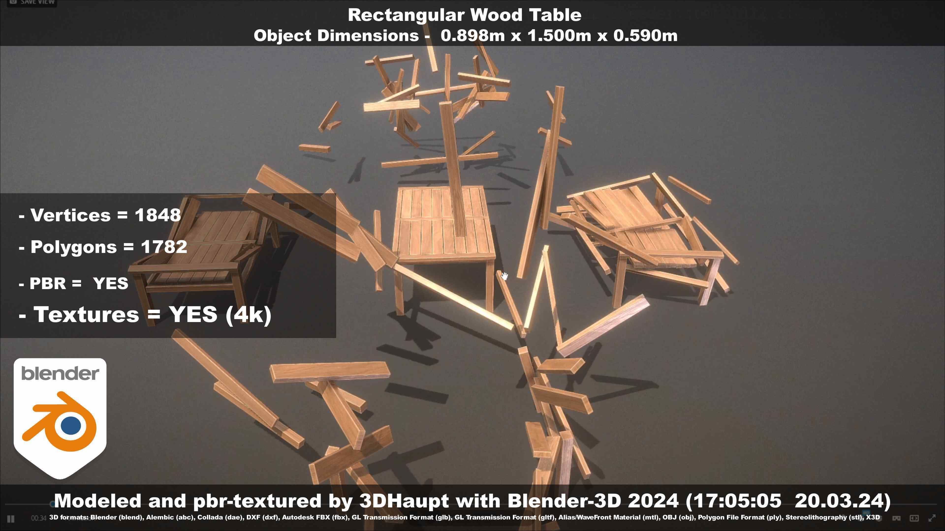 Rectangular Wood Table with Destruction Animations Low-poly 3D model_27