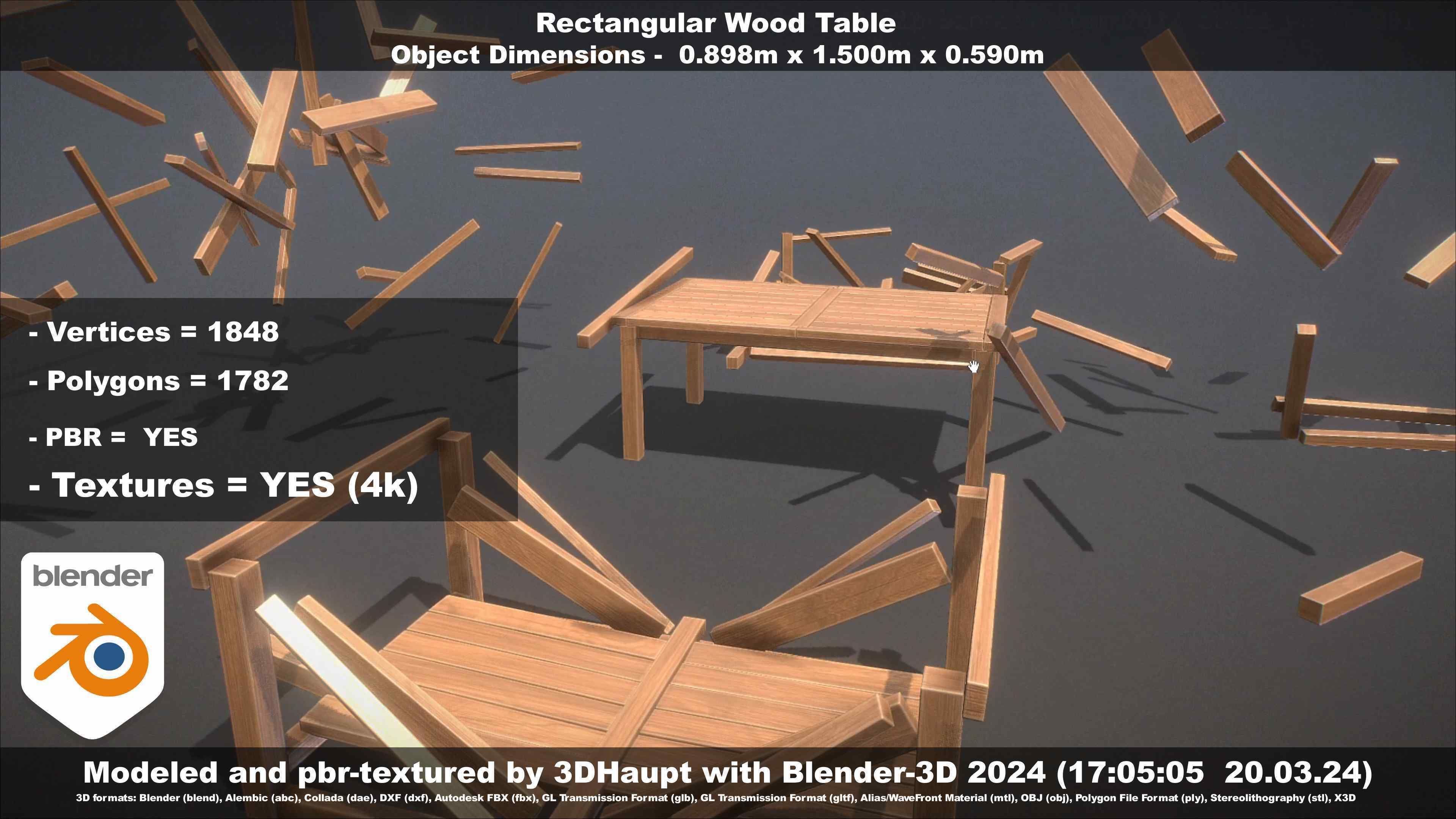 Rectangular Wood Table with Destruction Animations Low-poly 3D model_48