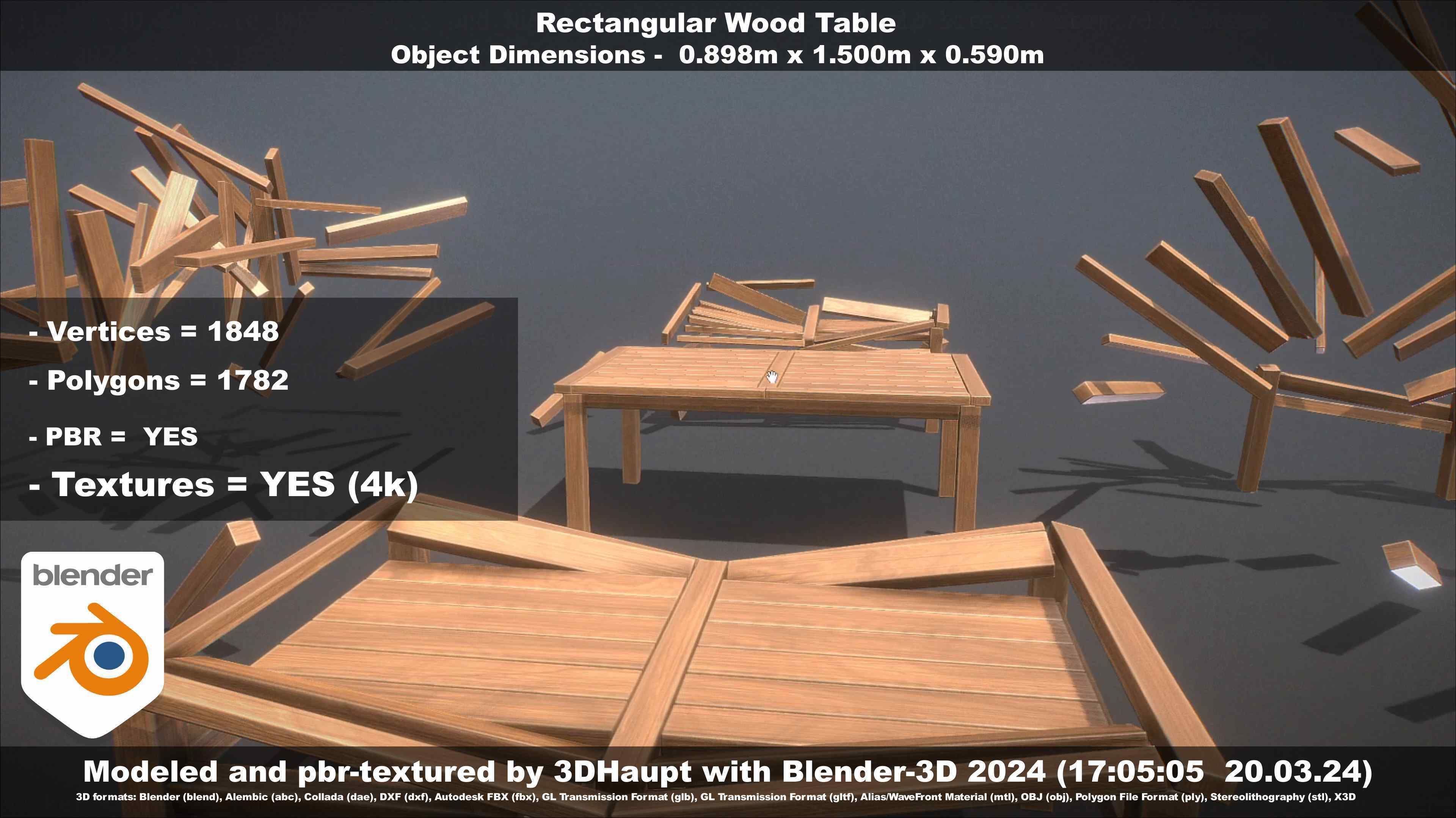 Rectangular Wood Table with Destruction Animations Low-poly 3D model_127