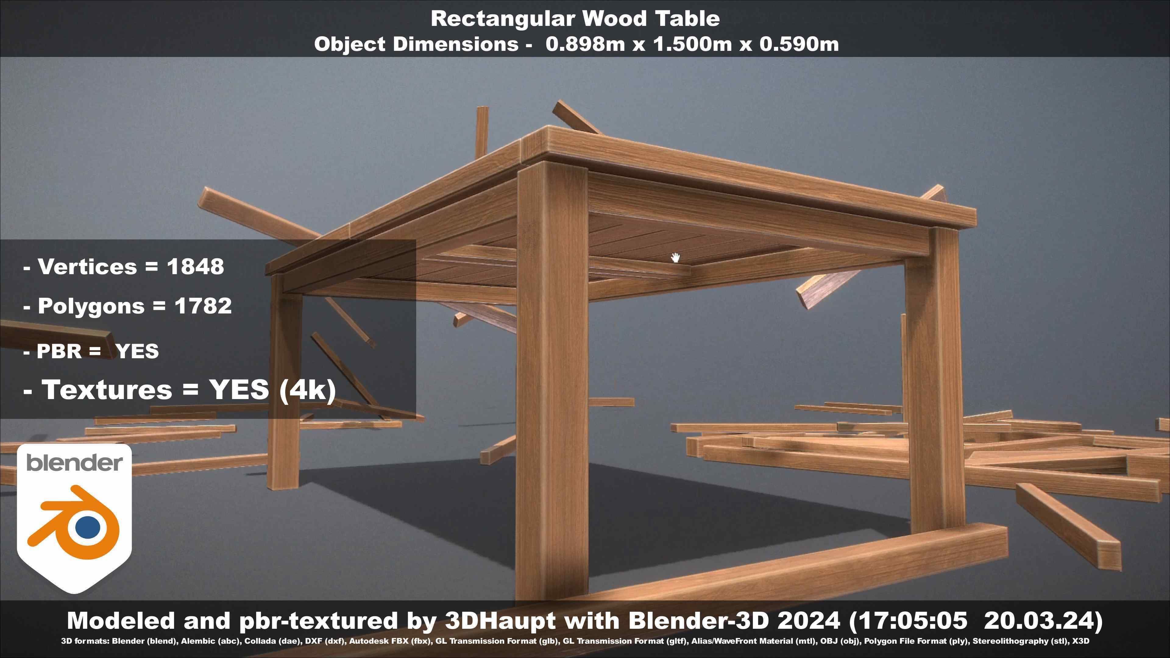 Rectangular Wood Table with Destruction Animations Low-poly 3D model_92