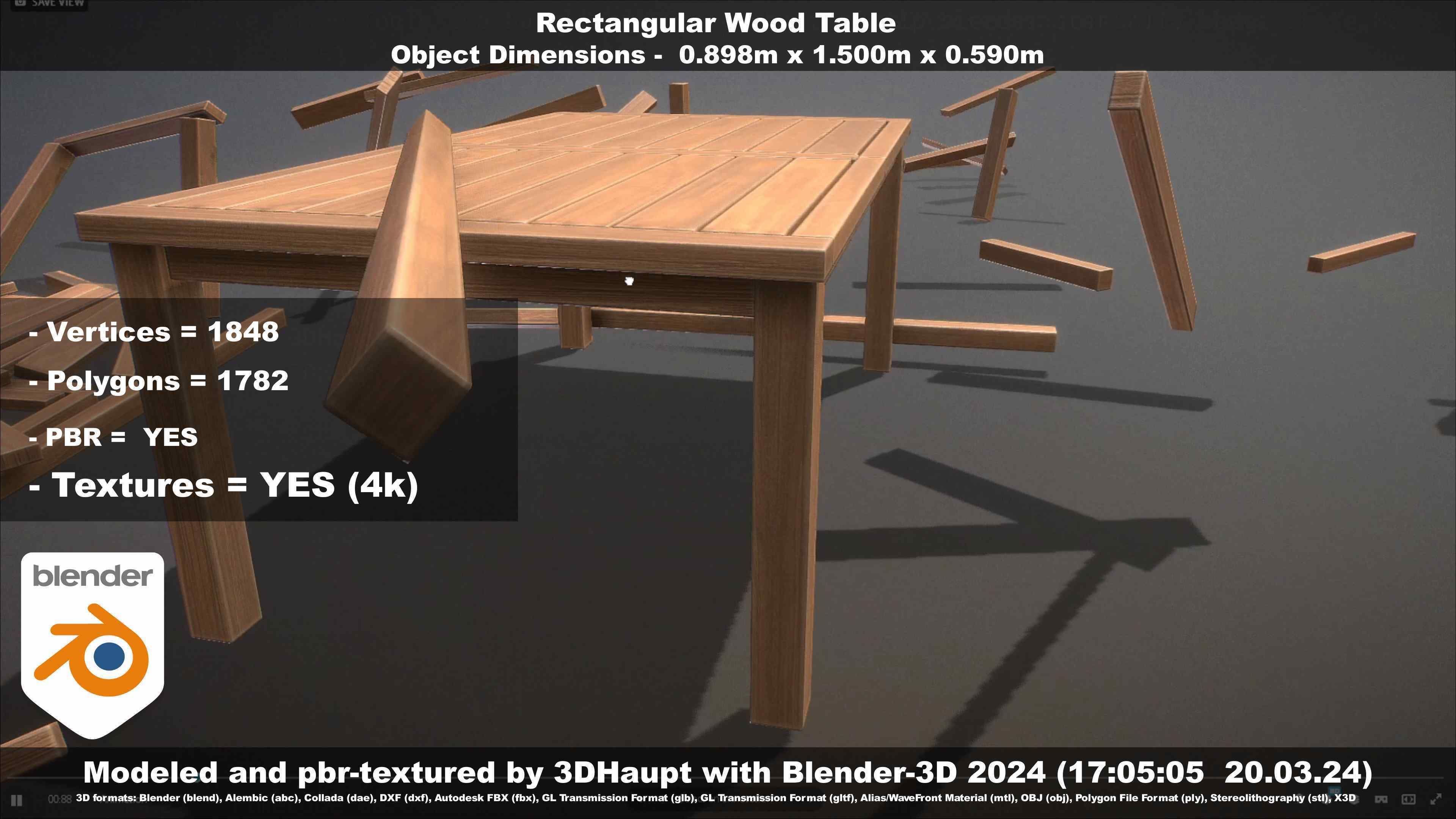 Rectangular Wood Table with Destruction Animations Low-poly 3D model_39