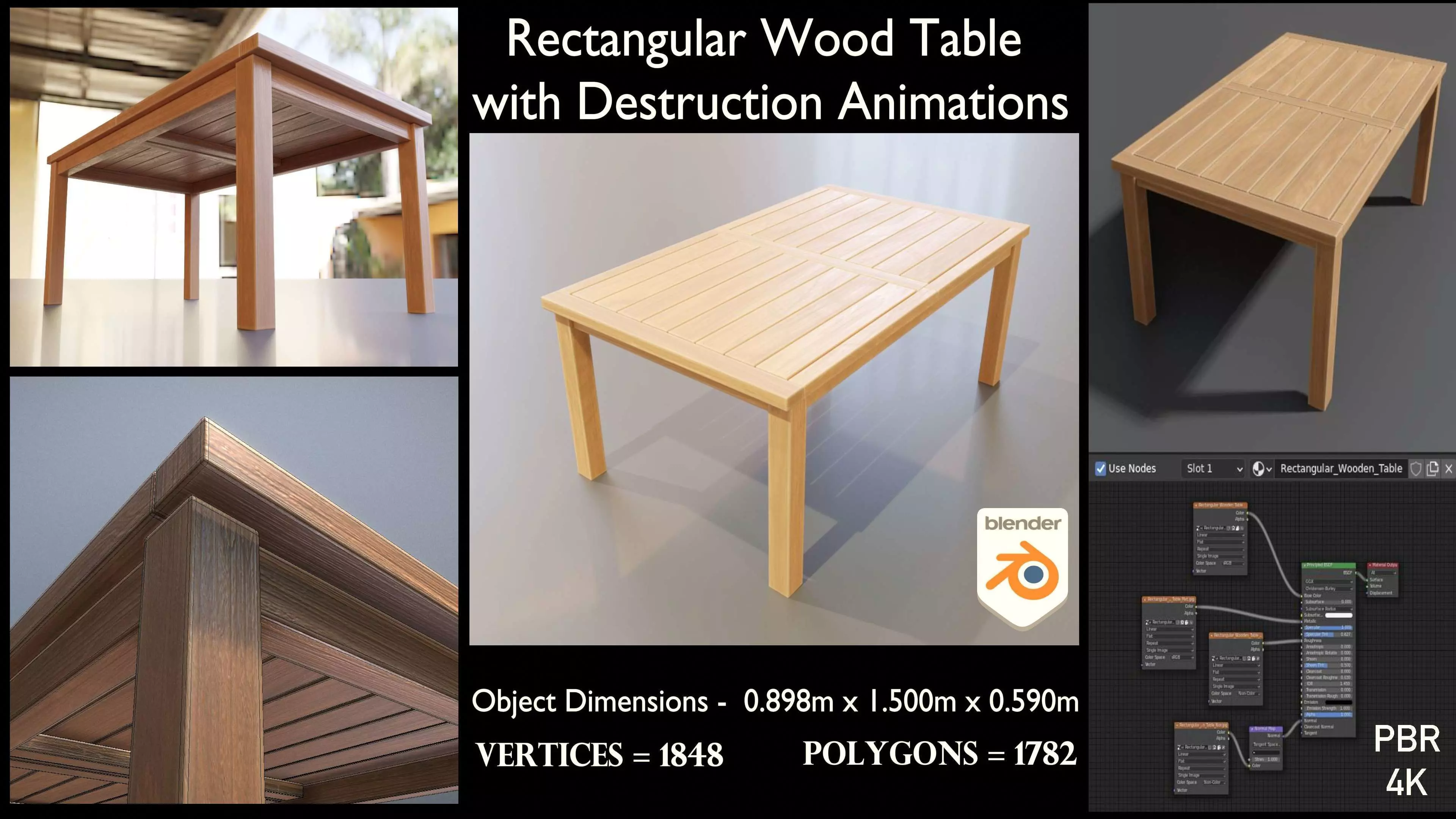Rectangular Wood Table with Destruction Animations Low-poly 3D model_0