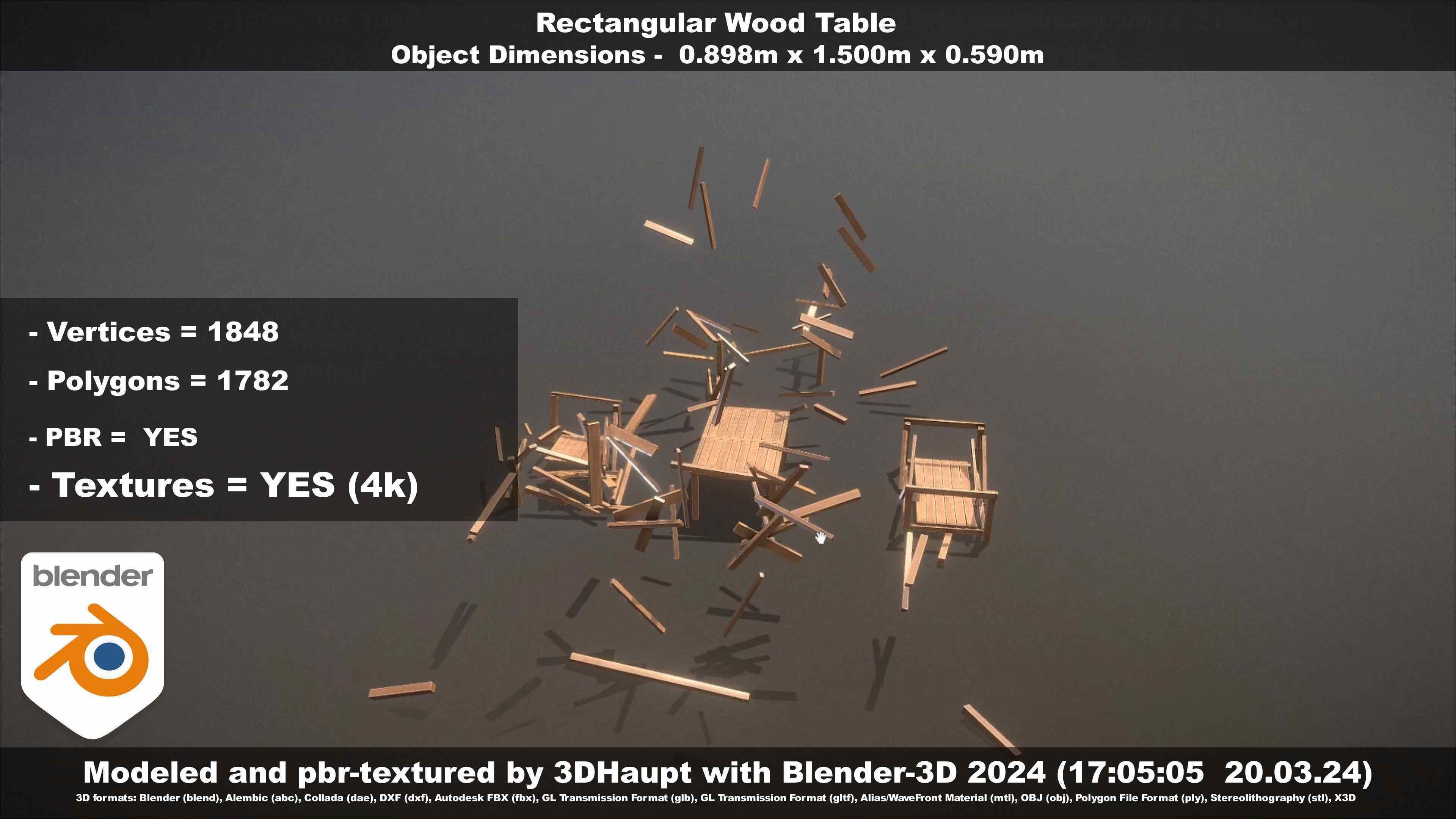 Rectangular Wood Table with Destruction Animations Low-poly 3D model_118