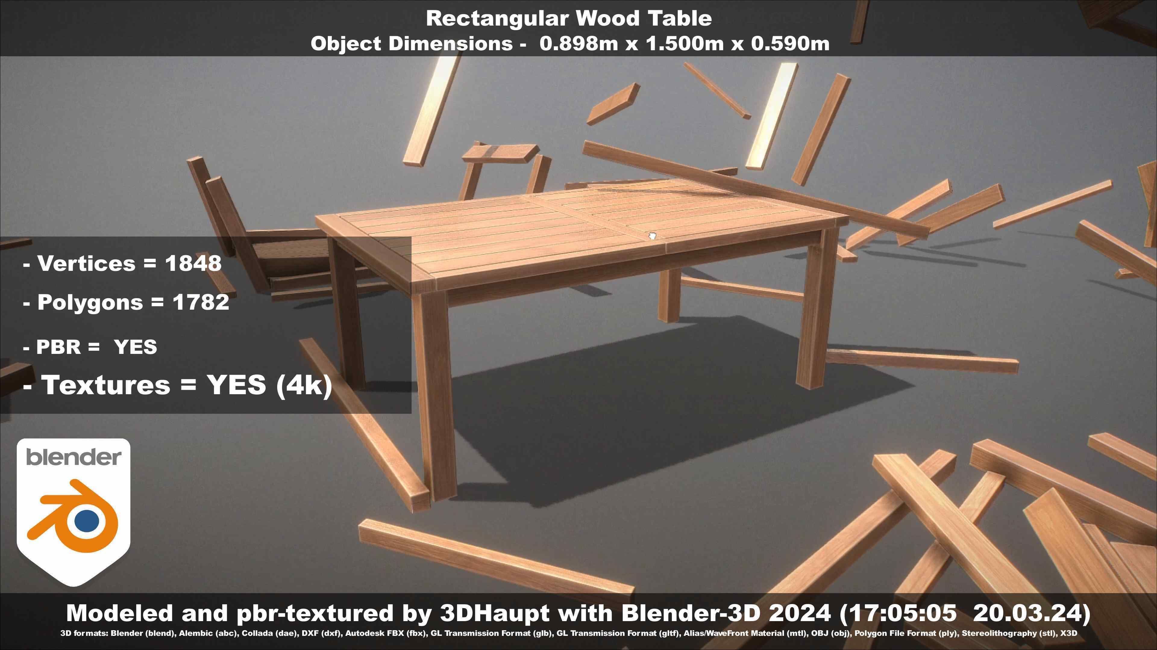 Rectangular Wood Table with Destruction Animations Low-poly 3D model_123