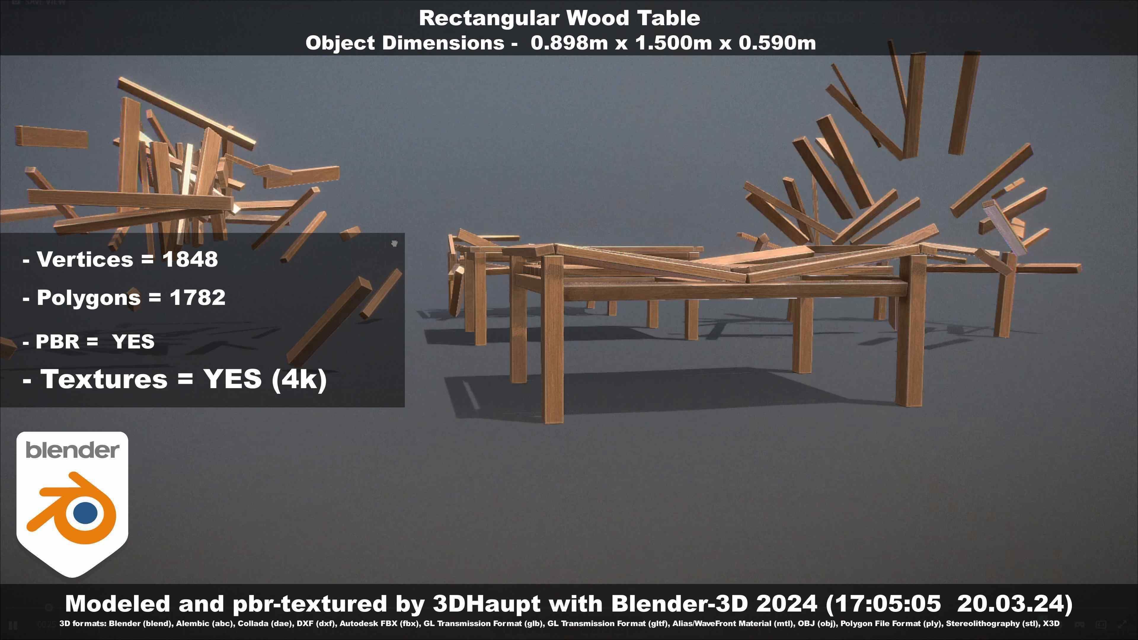 Rectangular Wood Table with Destruction Animations Low-poly 3D model_43