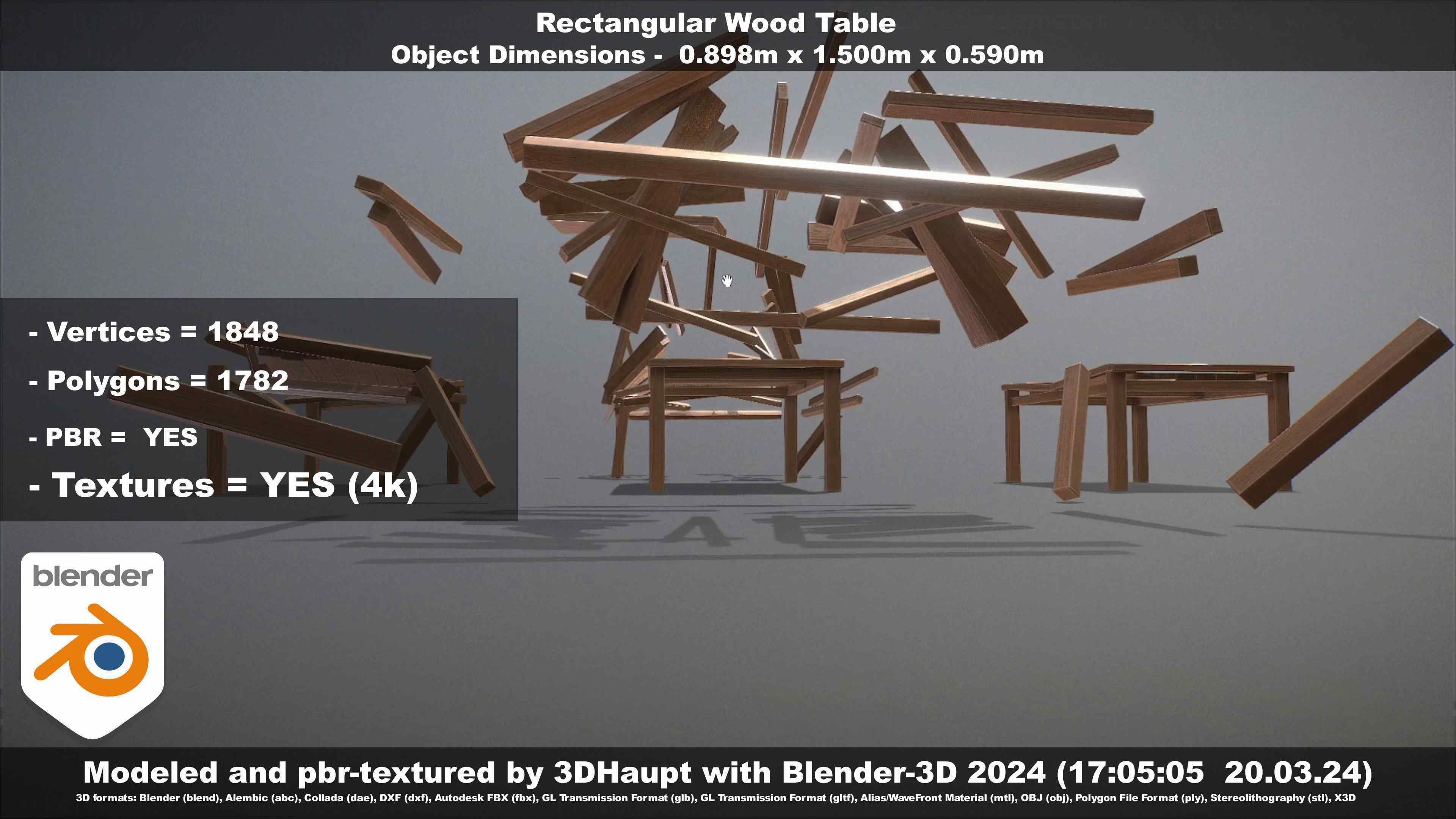 Rectangular Wood Table with Destruction Animations Low-poly 3D model_117