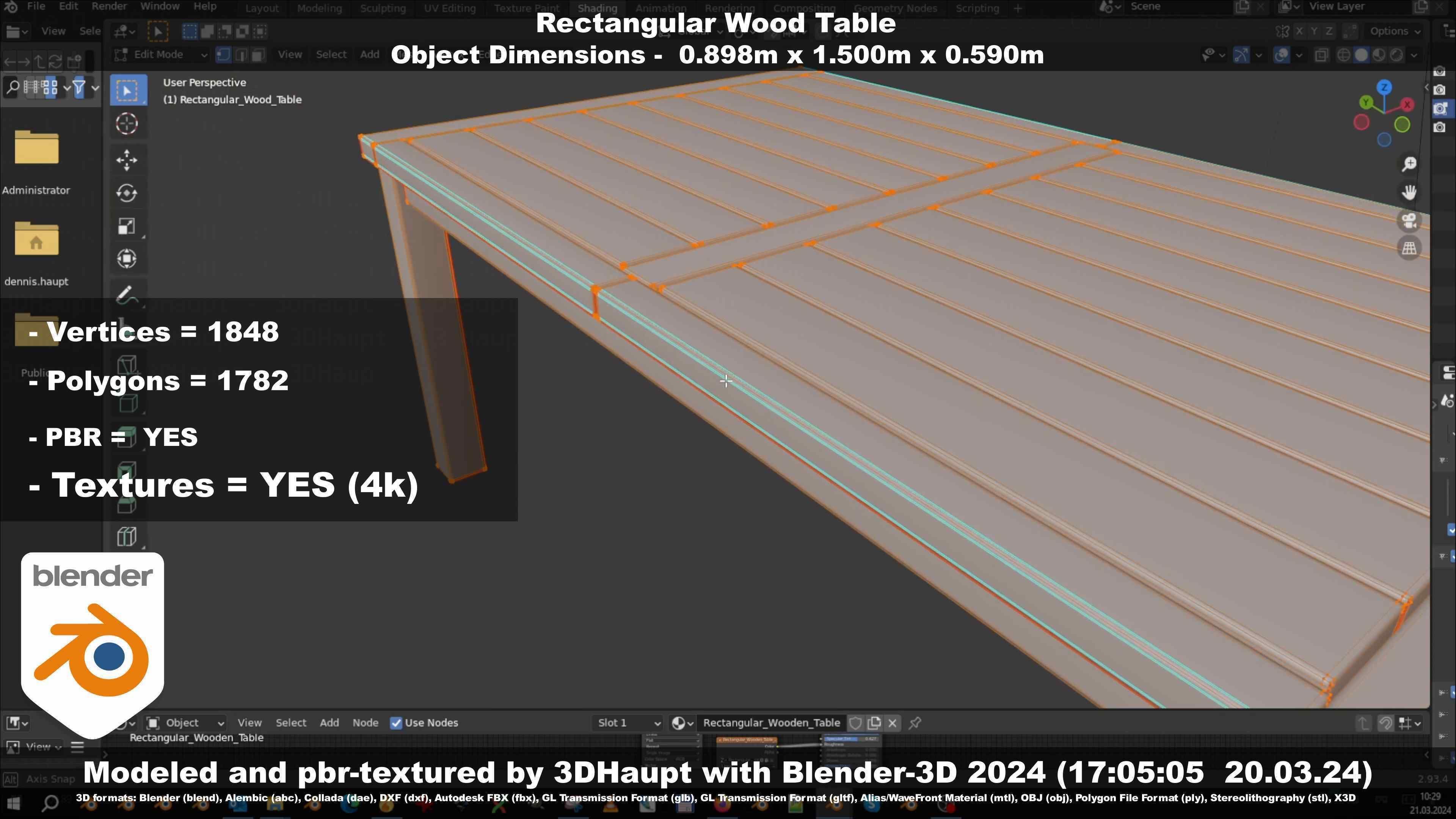Rectangular Wood Table with Destruction Animations Low-poly 3D model_91