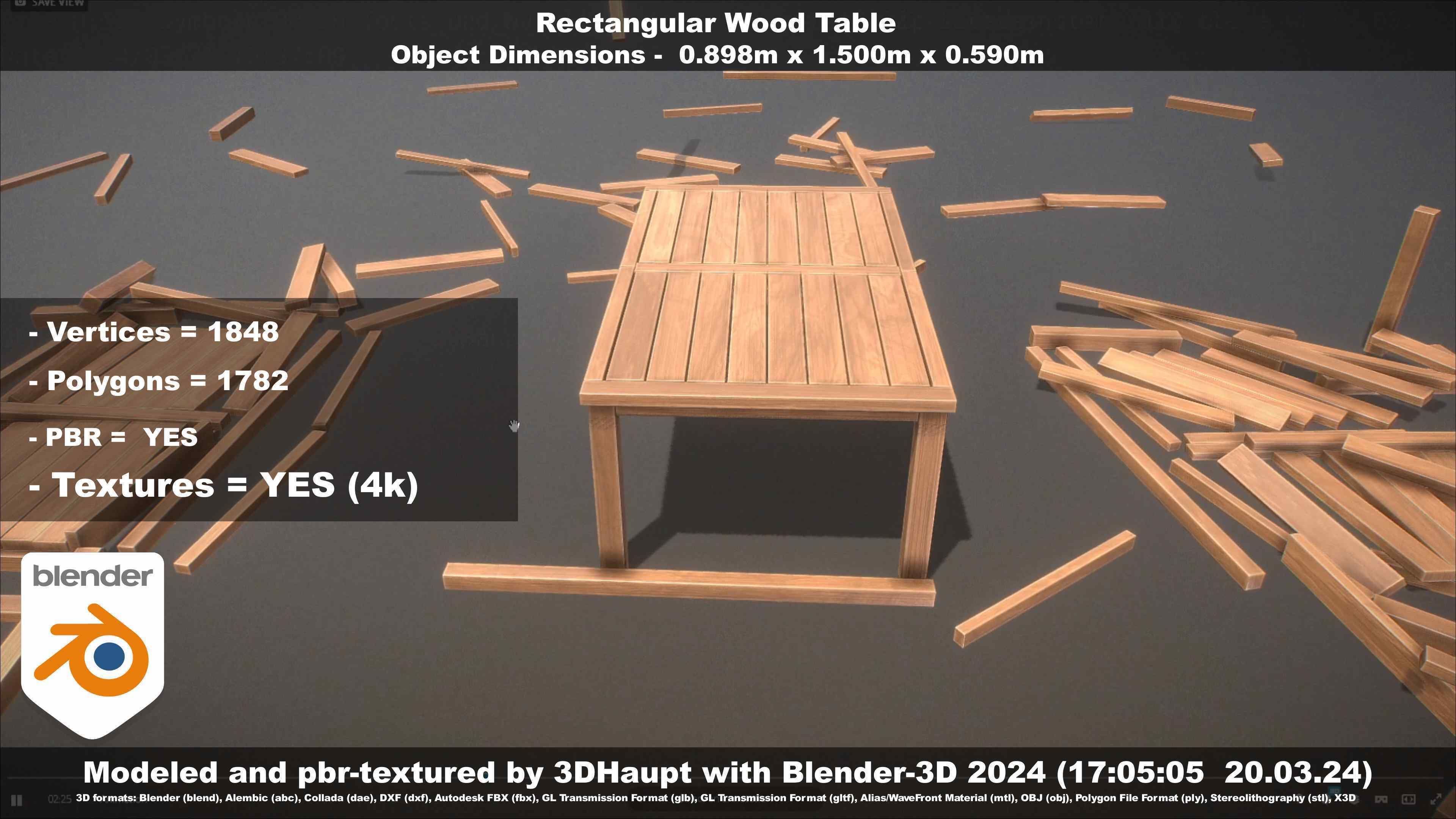 Rectangular Wood Table with Destruction Animations Low-poly 3D model_100