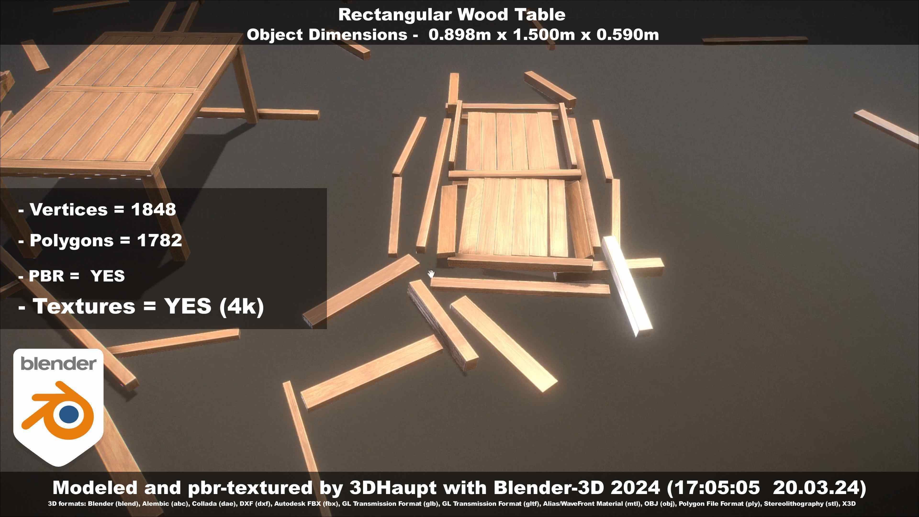 Rectangular Wood Table with Destruction Animations Low-poly 3D model_85