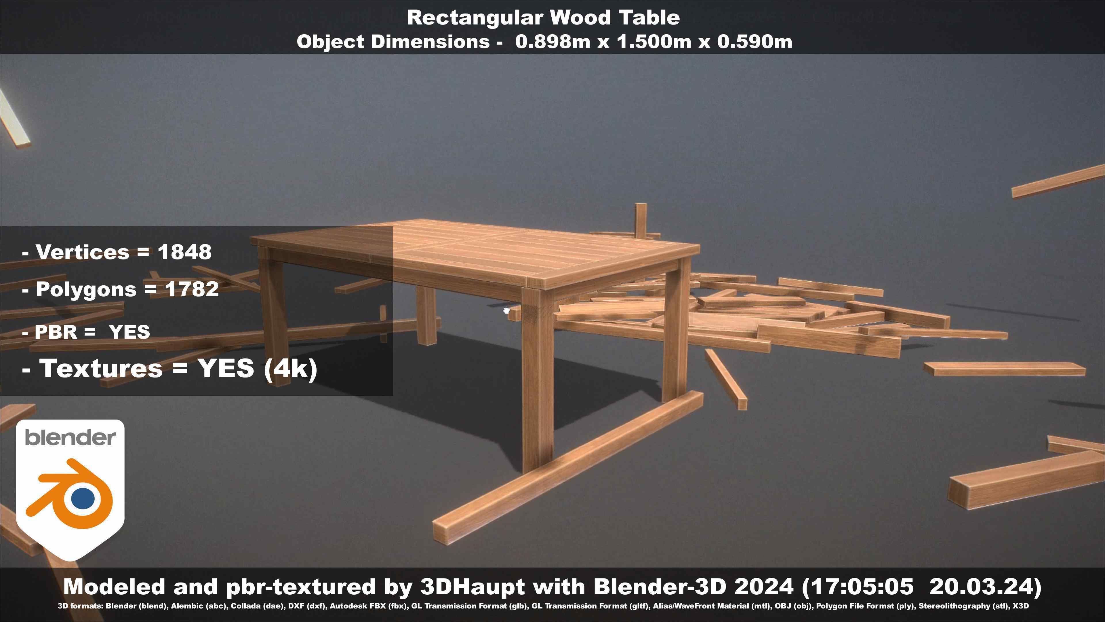 Rectangular Wood Table with Destruction Animations Low-poly 3D model_119