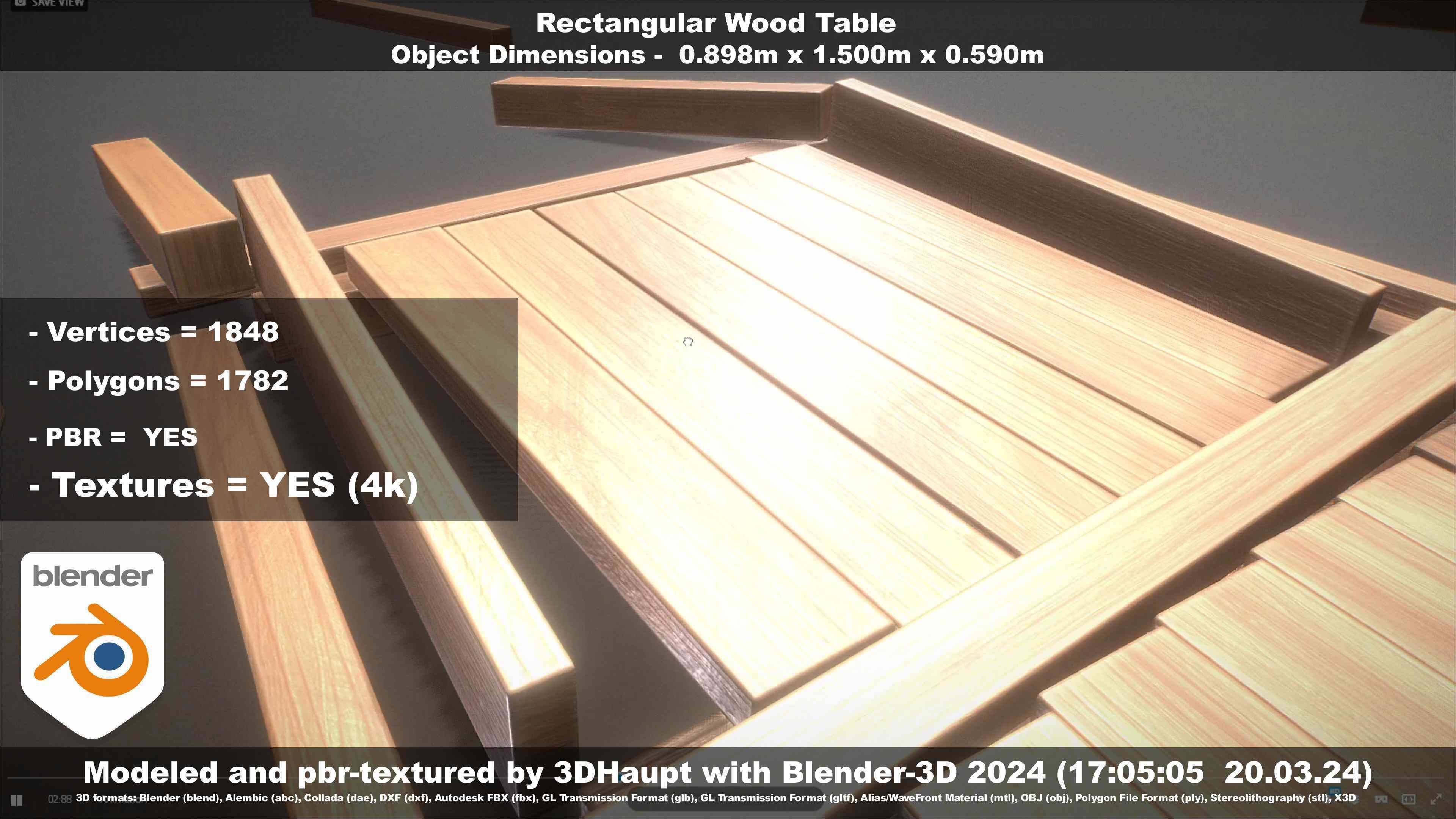 Rectangular Wood Table with Destruction Animations Low-poly 3D model_103