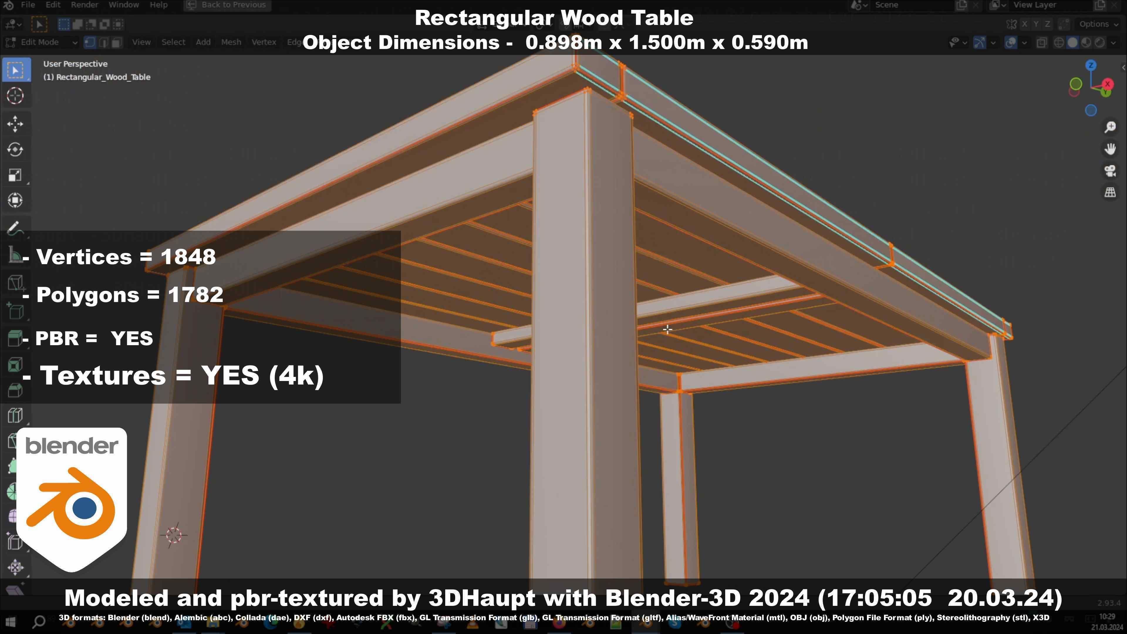 Rectangular Wood Table with Destruction Animations Low-poly 3D model_33