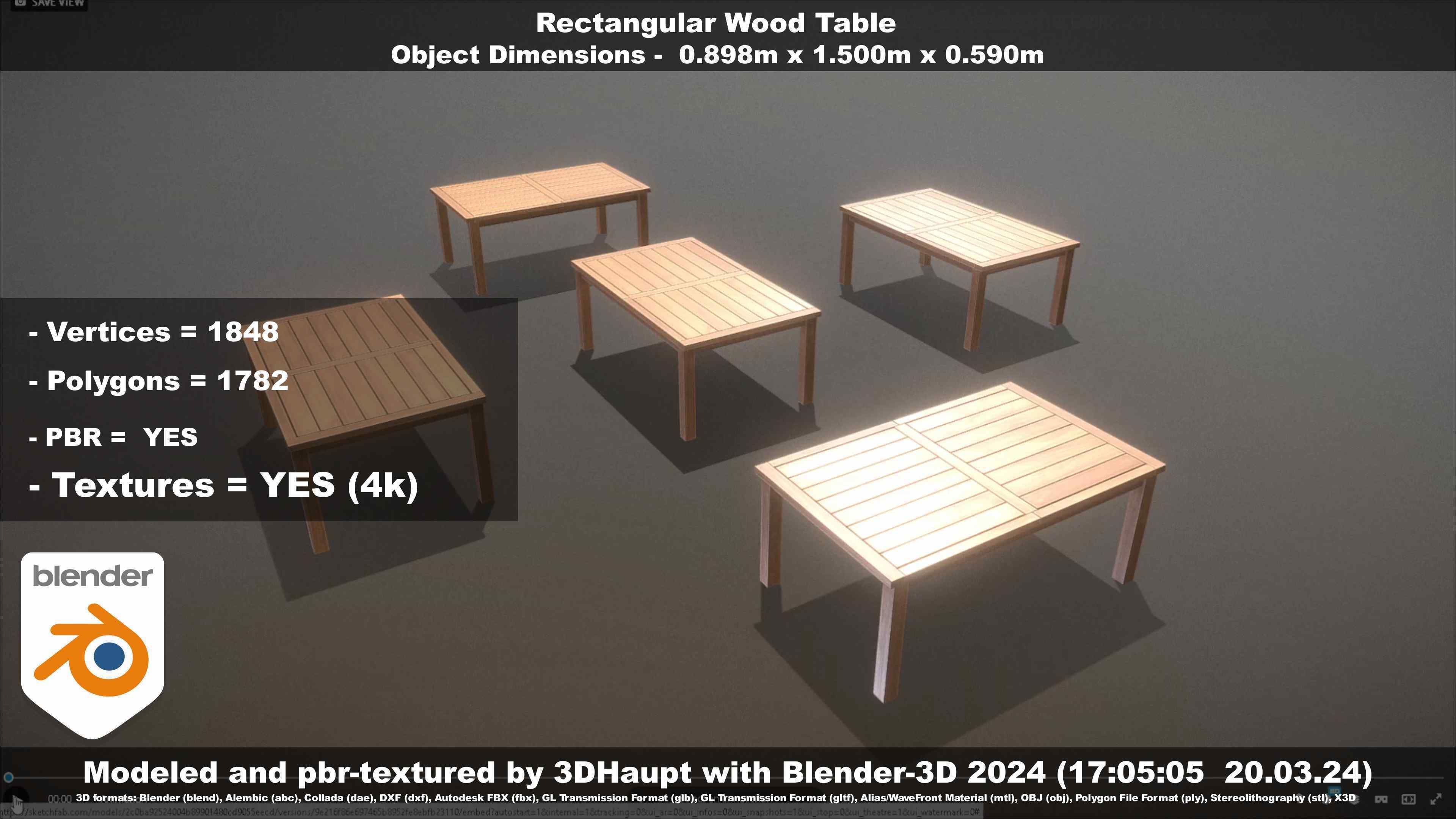 Rectangular Wood Table with Destruction Animations Low-poly 3D model_37