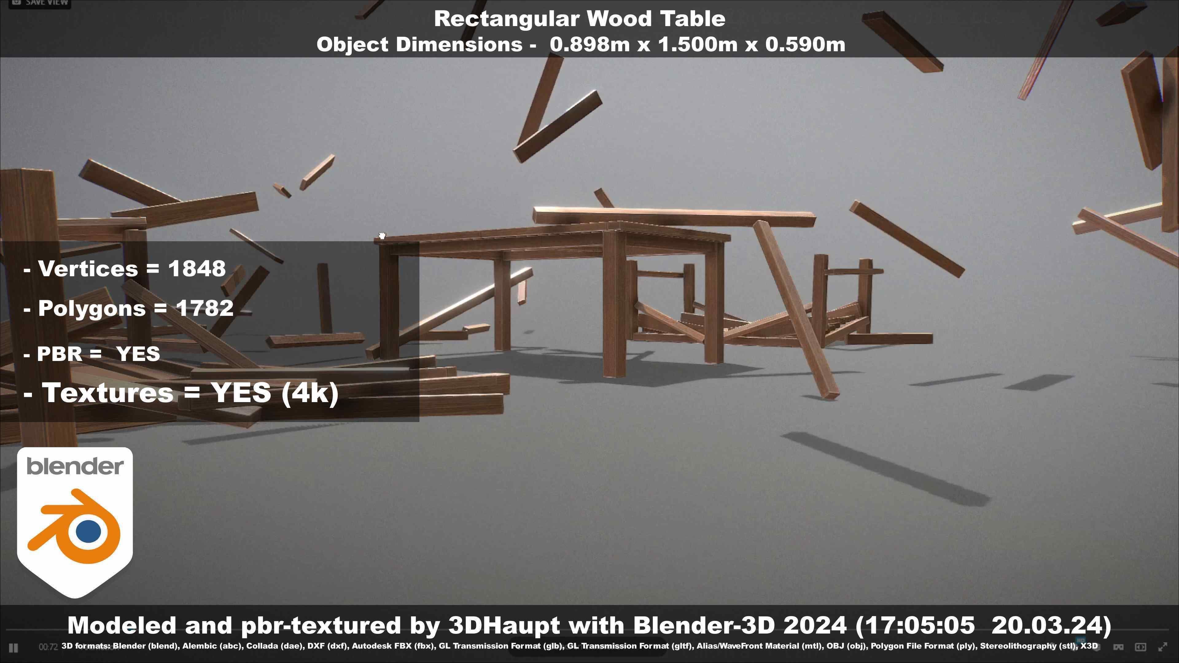 Rectangular Wood Table with Destruction Animations Low-poly 3D model_94