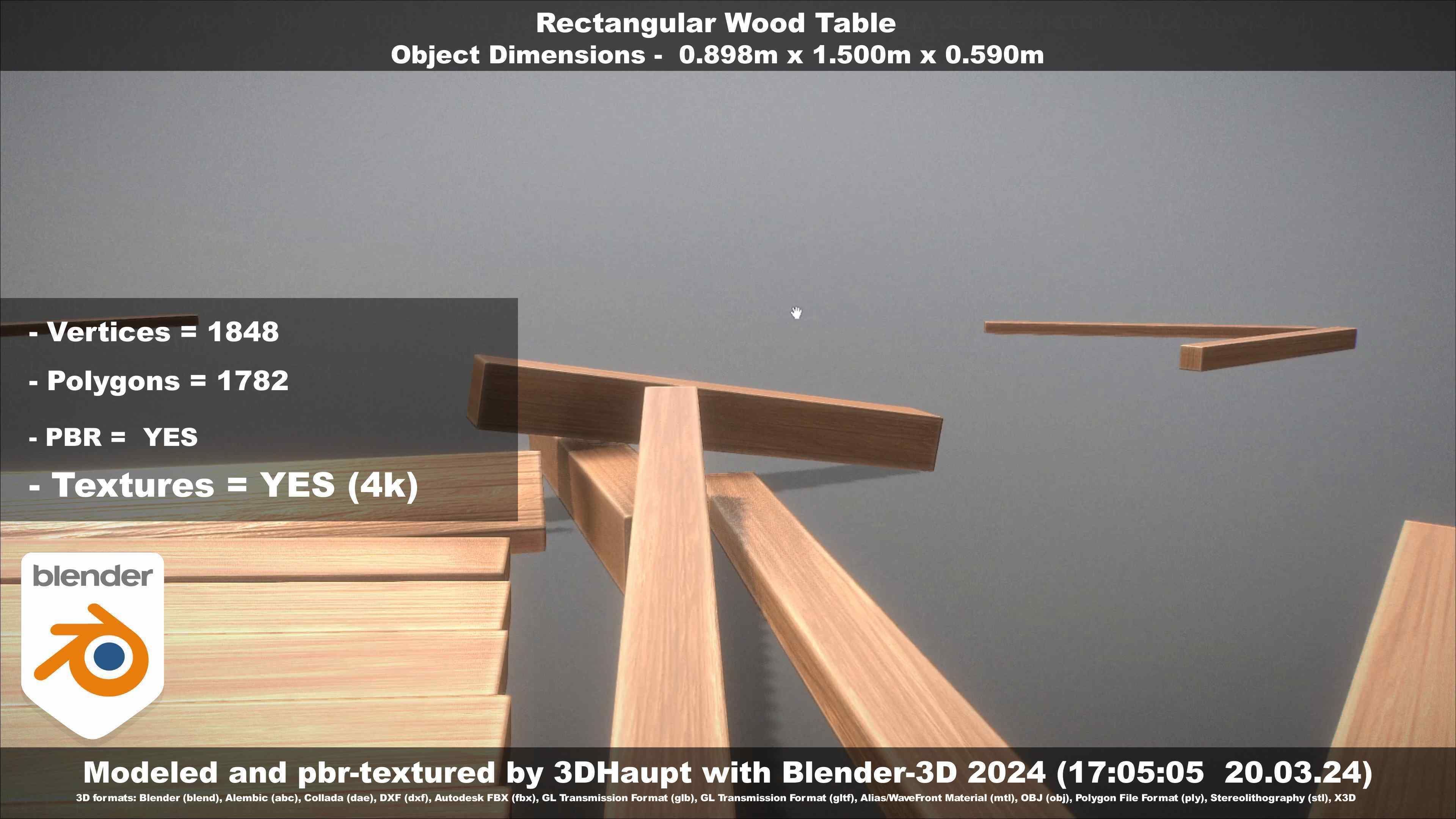 Rectangular Wood Table with Destruction Animations Low-poly 3D model_41