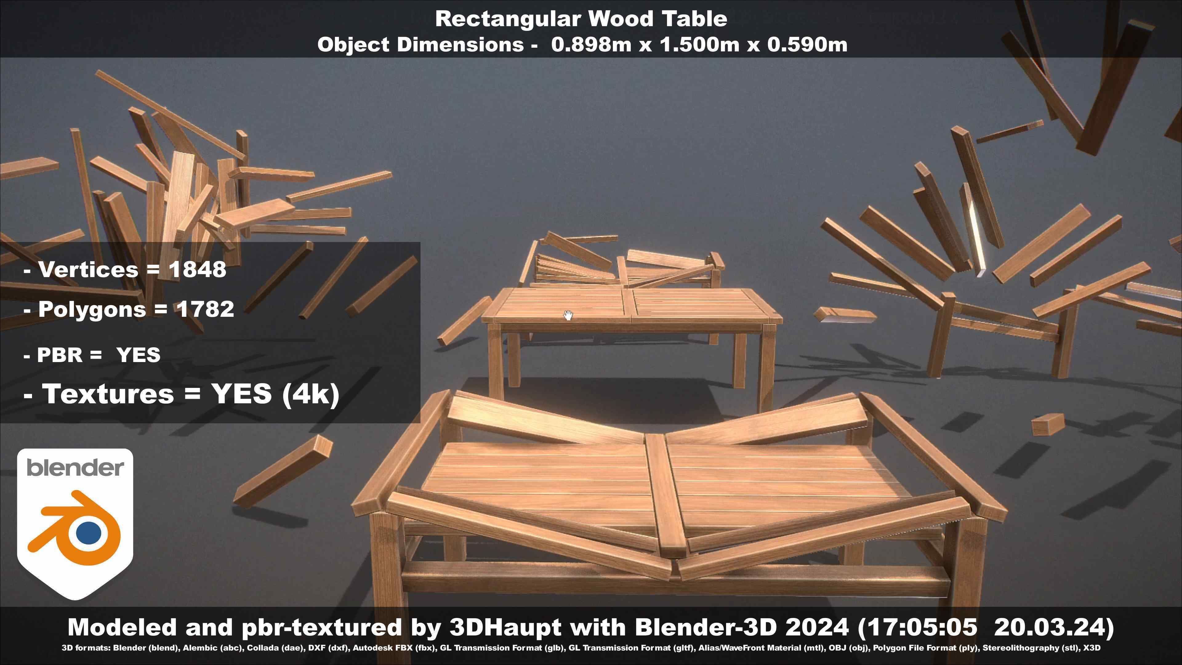 Rectangular Wood Table with Destruction Animations Low-poly 3D model_110
