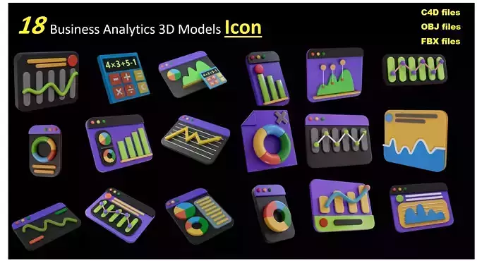 Animated Business Analytics 3D Model Icons -Collection Low-poly 3D model