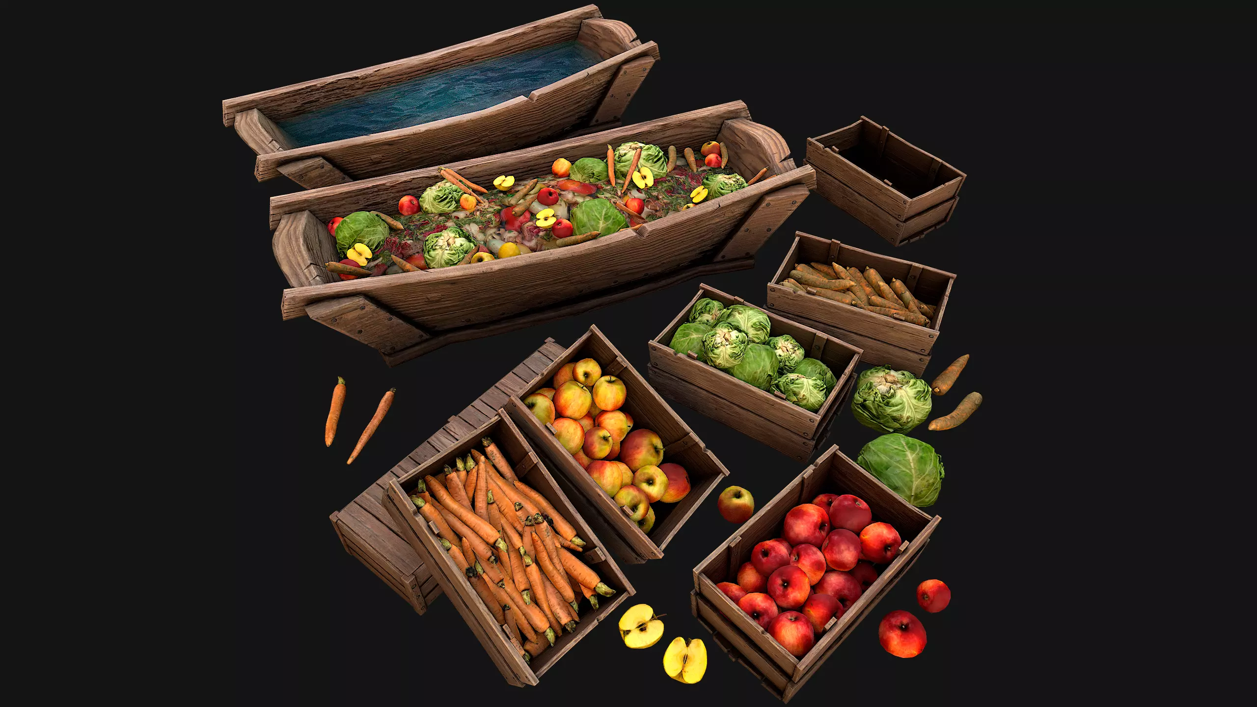 Trough With Water and food Farm Feed Slop Low-poly 3D model_0