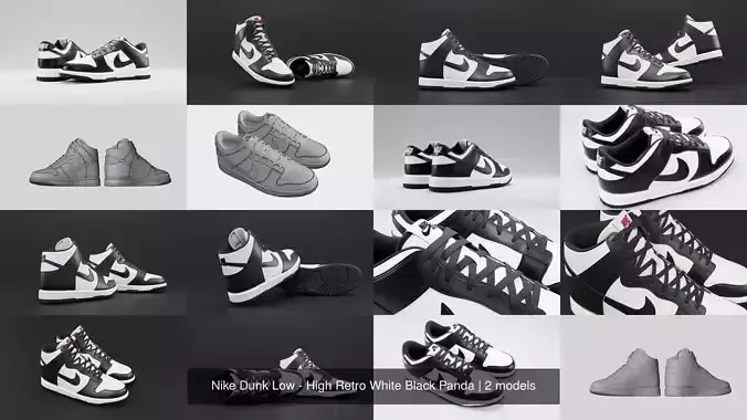 Nike Dunk Low - High Retro White Black Panda 3D Model Collection