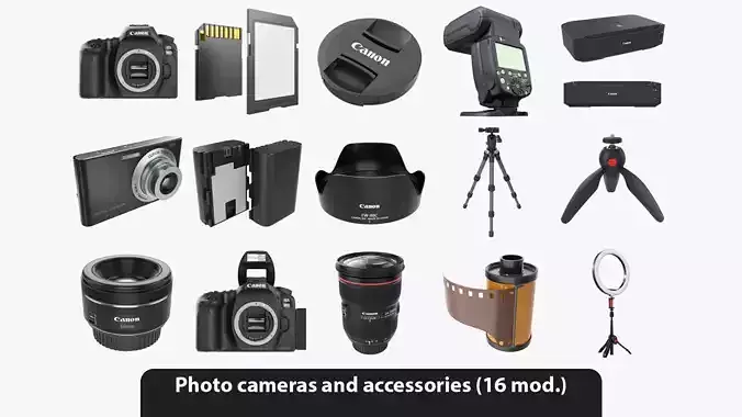 Photo cameras and accessory collection 3D model