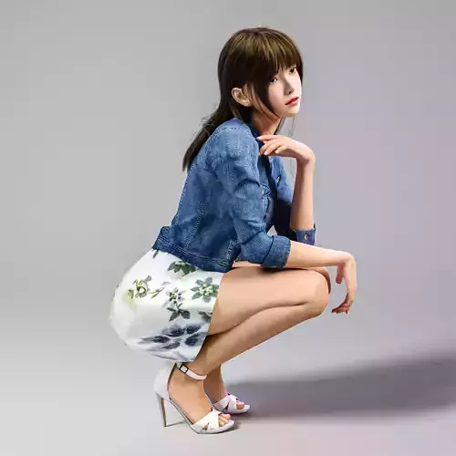 Squatting girl looking 001 3D model