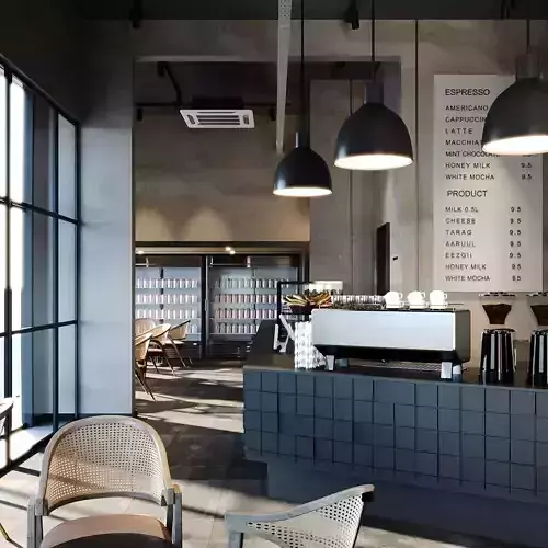 Industrial Coffee Shop Cafe 3D Model Scene - Editable 3D model