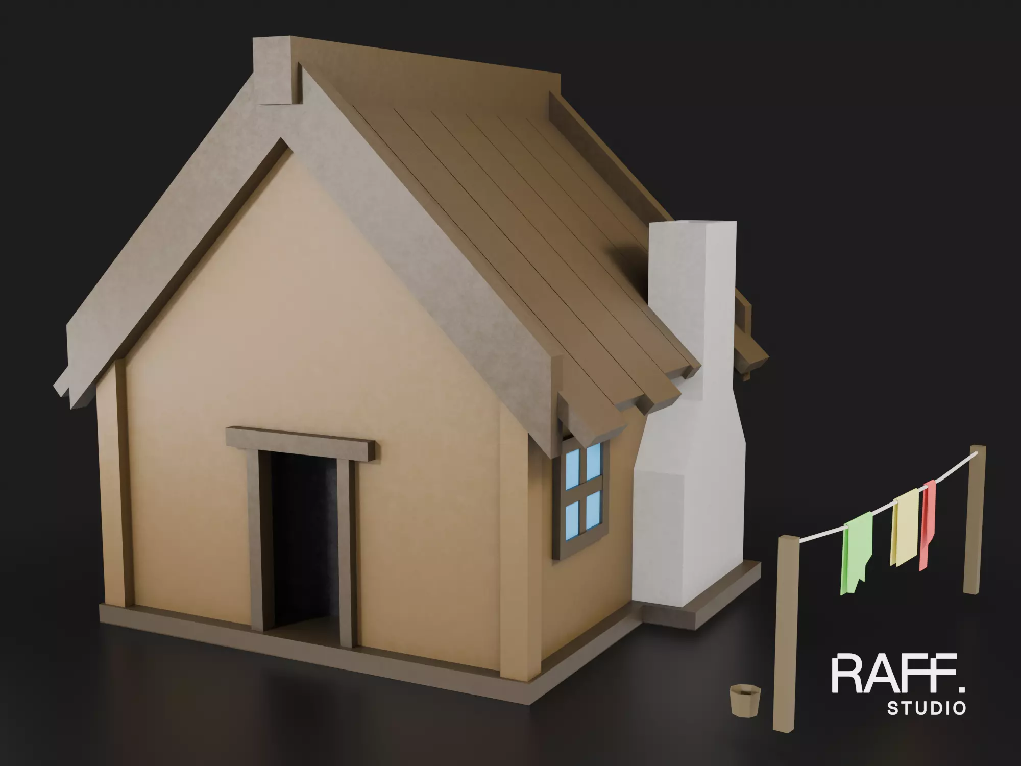Low Poly Village House and Clothesline - Optimized Exterior Set 3D model