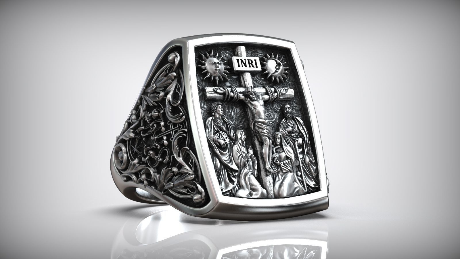 Jesus Christ Crucifix Cross Mary and Saints Christian Ring 3D print model_1