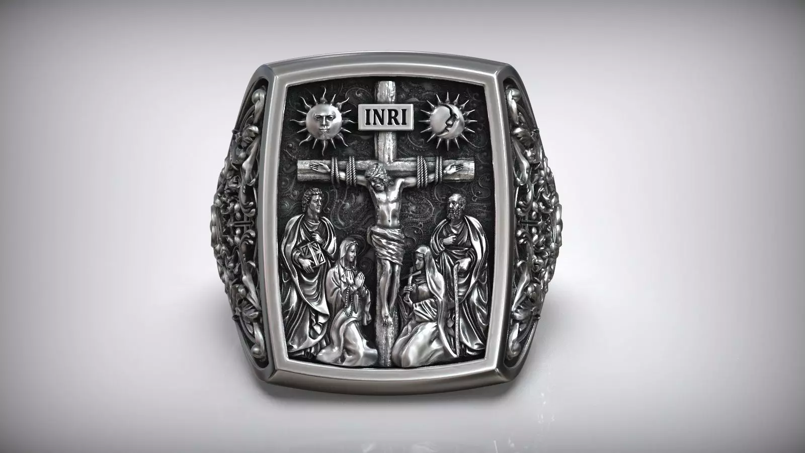 Jesus Christ Crucifix Cross Mary and Saints Christian Ring 3D print model_0