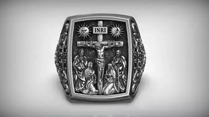 Jesus Christ Crucifix Cross Mary and Saints Christian Ring 3D print model