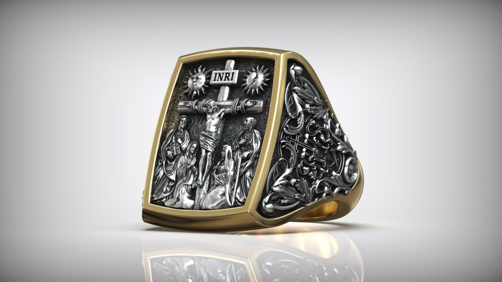 Jesus Christ Crucifix Cross Mary and Saints Christian Ring 3D print model_6