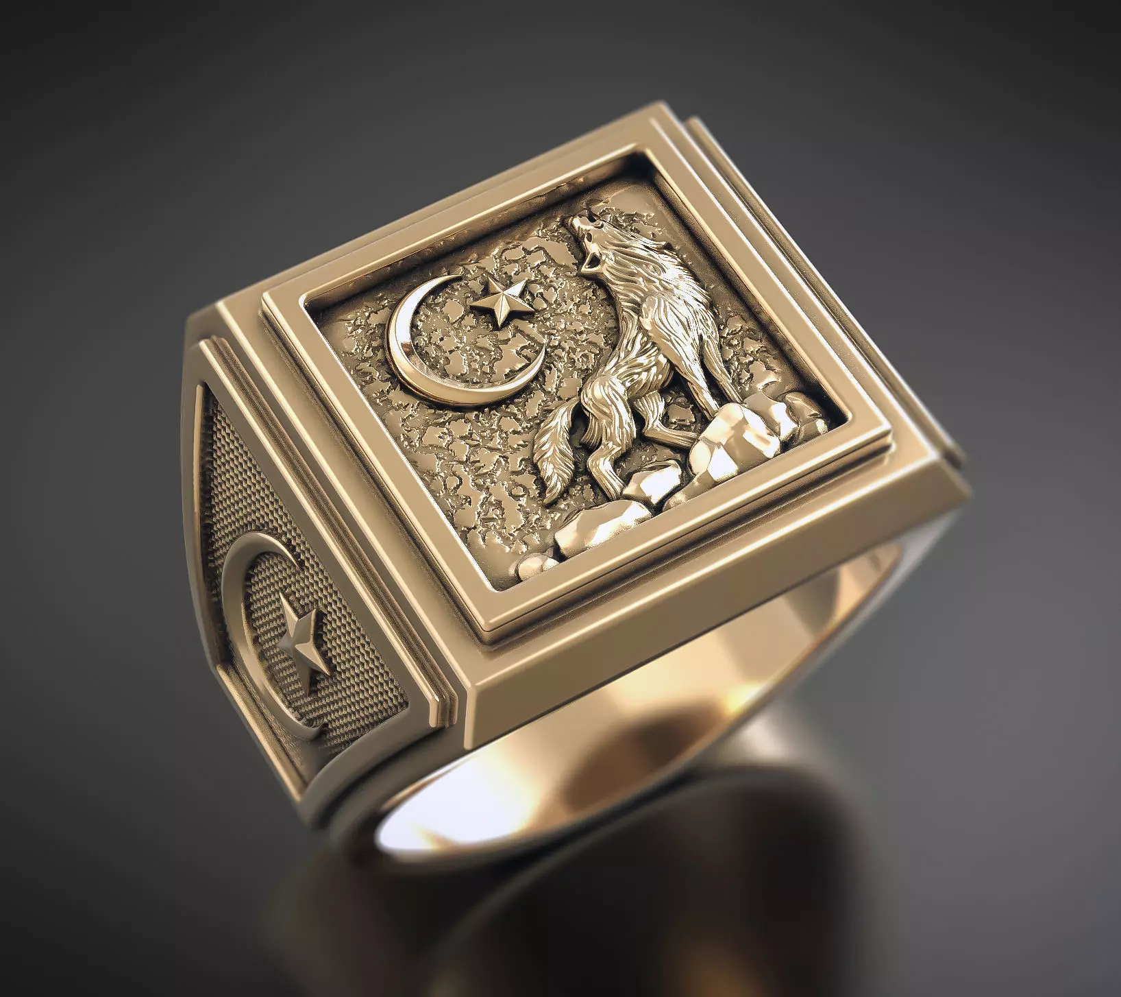 A MAN S RING WITH A HOWLING WOLF Printable Model 3D print model_0