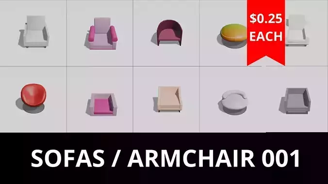Pack of Interior Sofas  Armchair - 10 Assets Low Poly 3d models