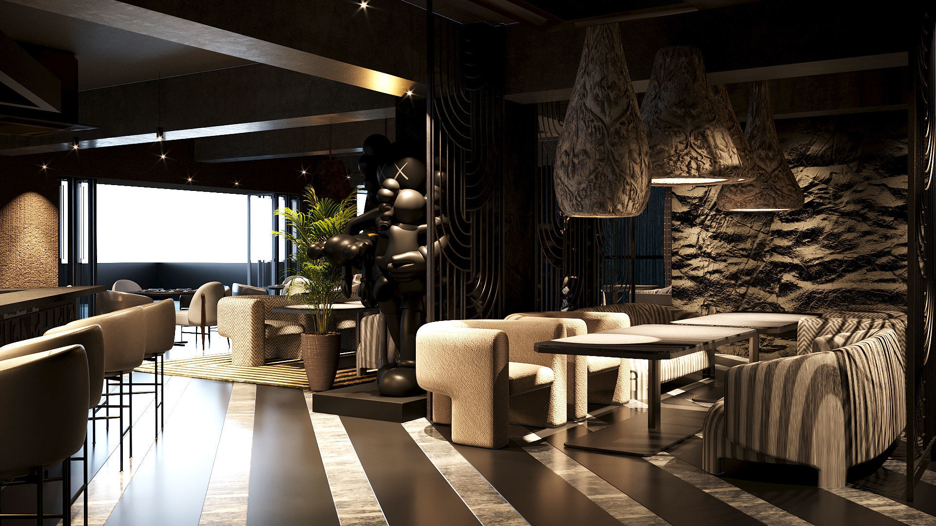Elegant luxury restaurant lounge interior 3D model_7