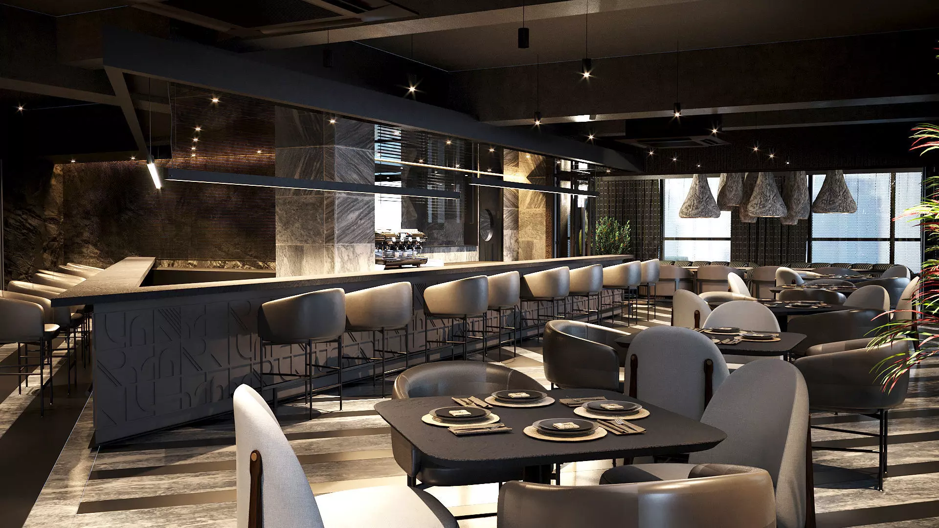 Elegant luxury restaurant lounge interior 3D model_0