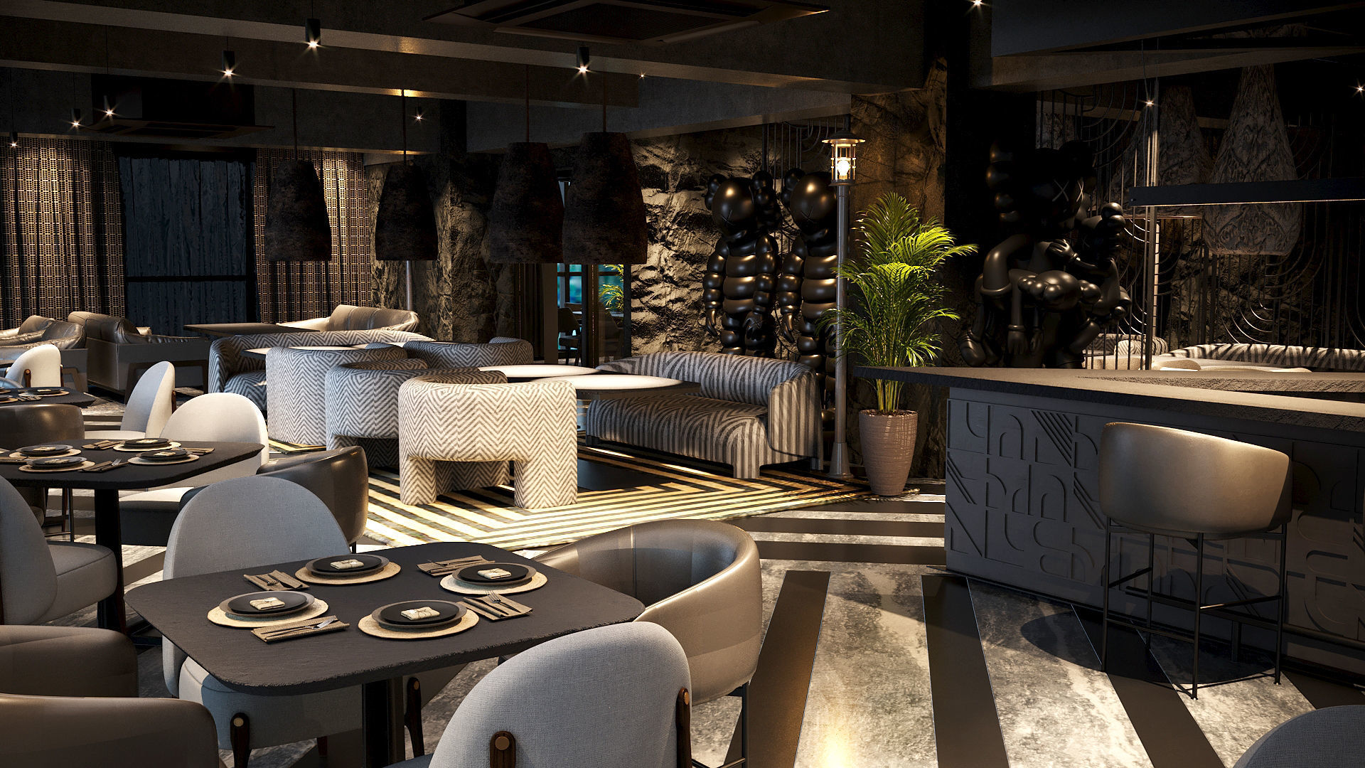 Elegant luxury restaurant lounge interior 3D model_9